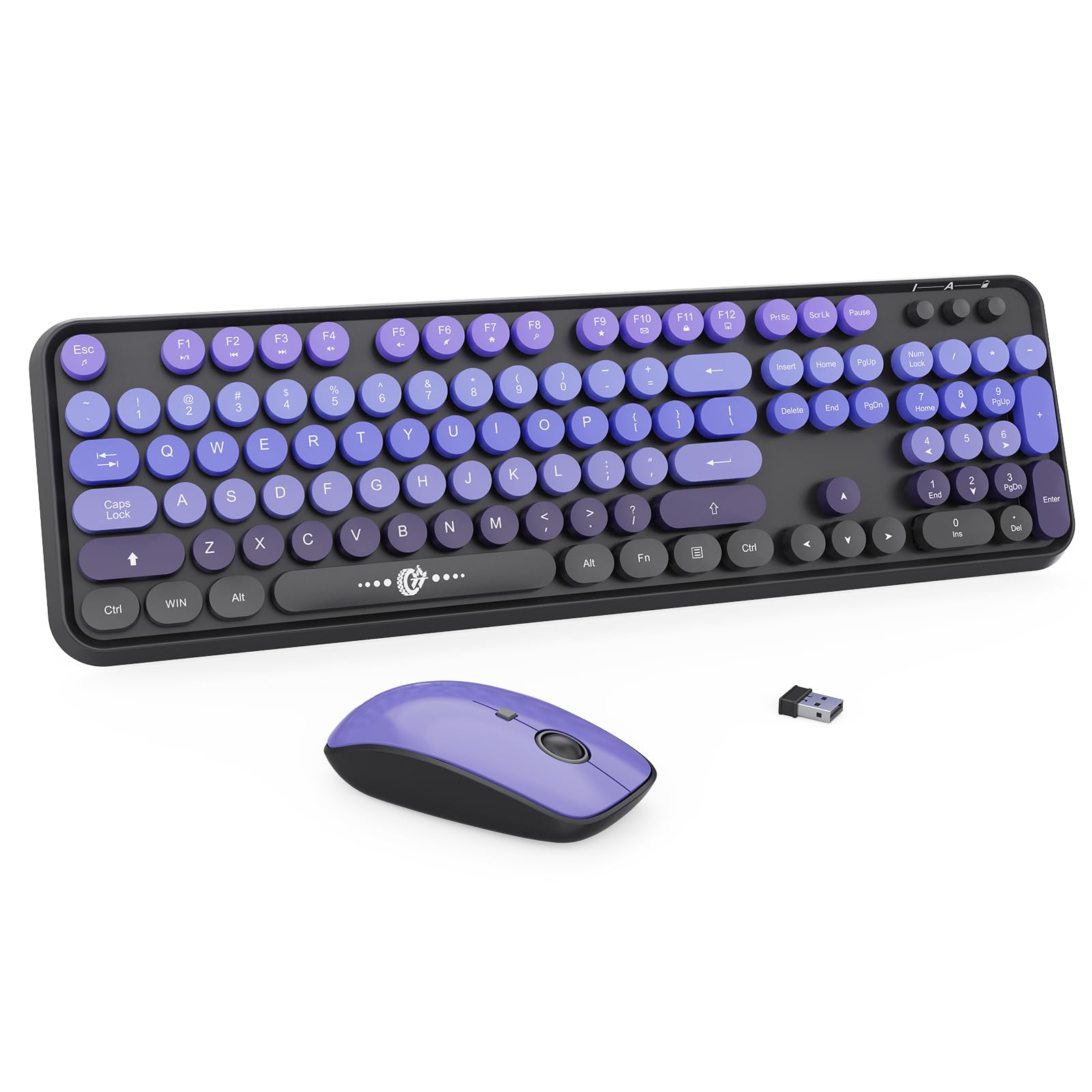 FOPETT Wireless Keyboard and Mouse Combo - 2.4G Full-Sized Cute Colorful Mouse and Keyboard with 104 Round Keys Retro Typewriter