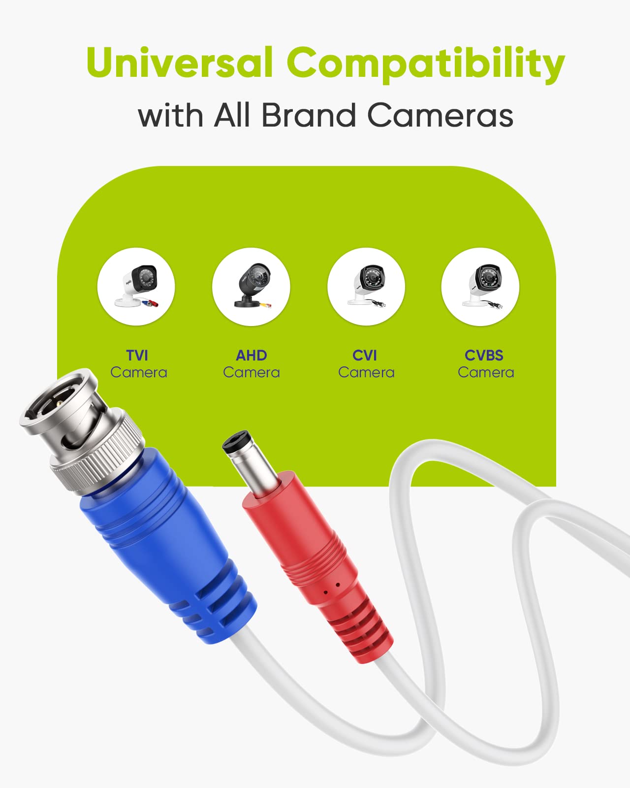 Sannce 4 Pack 100Ft Bnc Video And Power Security Camera Cable With Bnc Connectors And Rca Adapters For Cctv Camera System 100Pcs Cable Clips Included (White)