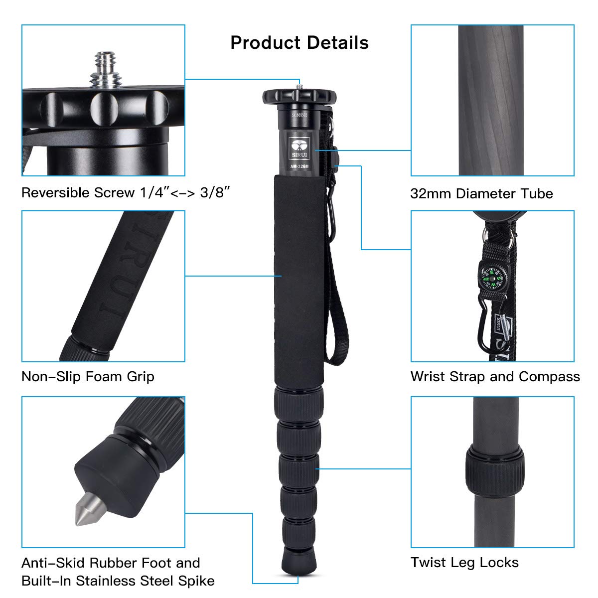 Sirui Camera Monopod Am 326M 6 Section Carbon Fiber Portable Compact Lightweight Travel Monopod