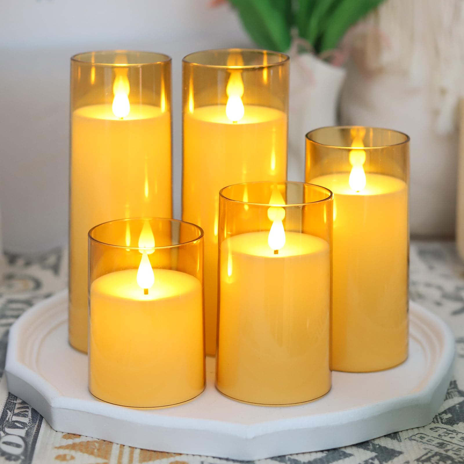 Fo32Won Amber Led Flameless Pillar Candles Battery Operated With Remote And Timer, Set Of 5 (D 3''?H 4'' 5'' 6'' 8'' 8'') Plexig