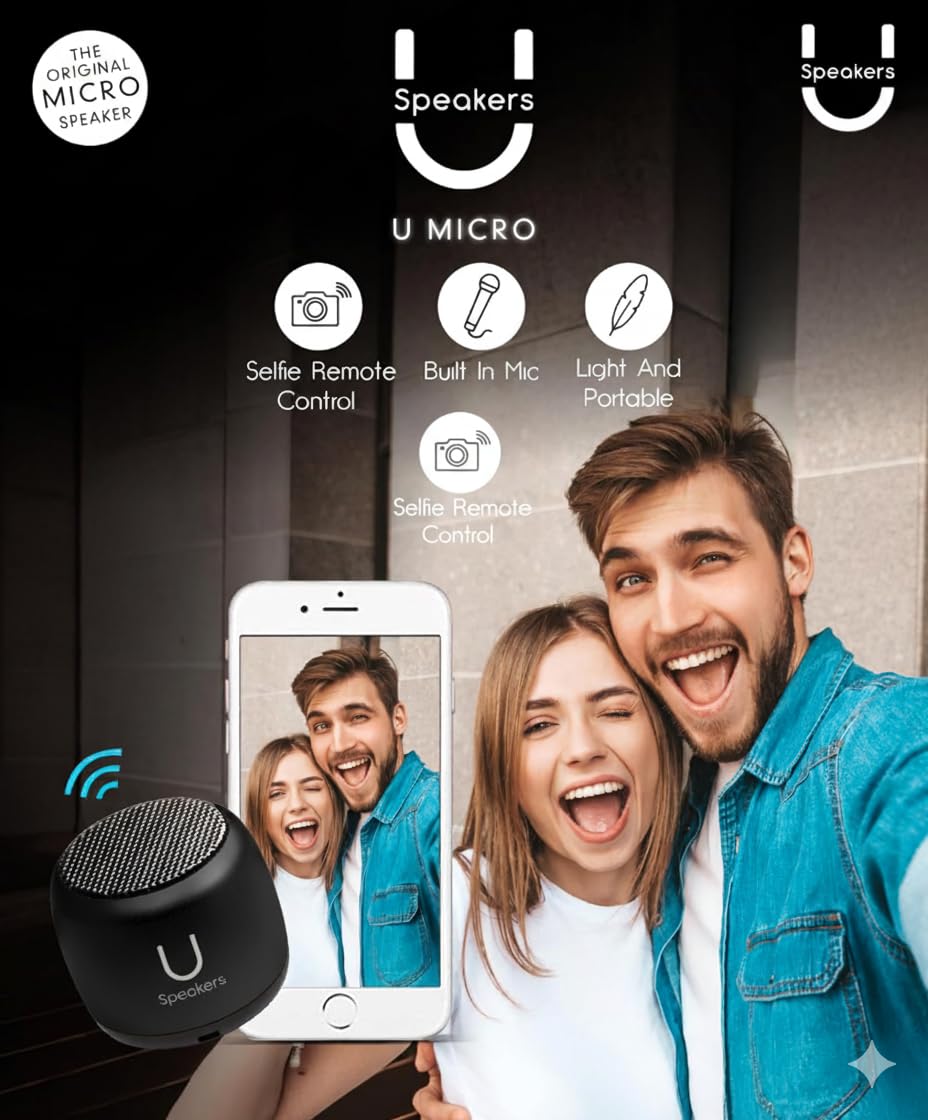 Fashionit U Micro - Small Bluetooth Speaker | Coin-Sized Speakers Bluetooth Wireless With Built-In Mic & Remote Shutter | Portab