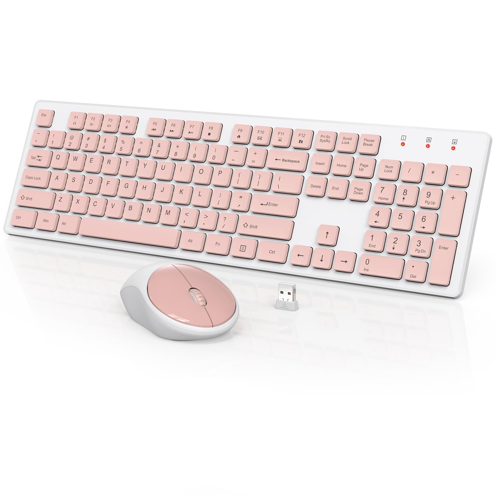 Wireless Keyboard And Mouse, Wisfox Full Size Wireless Mouse And Keyboard Combo, 2.4Ghz Silent Usb Wireless Keyboard Mouse Combo For Pc Desktops Computer (Pink And White)