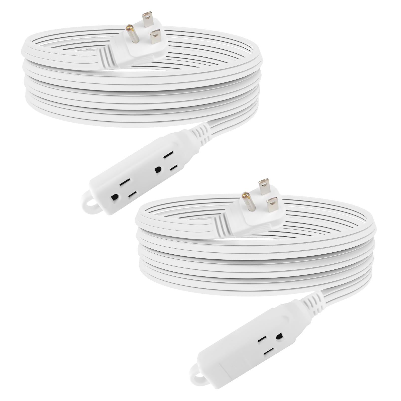 Ep 15 Ft 3 Outlet Extension Cord With Flat Plug, 3 Prong Grounded, 16/3 Spt 3 Power Cable For Indoor Use, White, 2 Pack