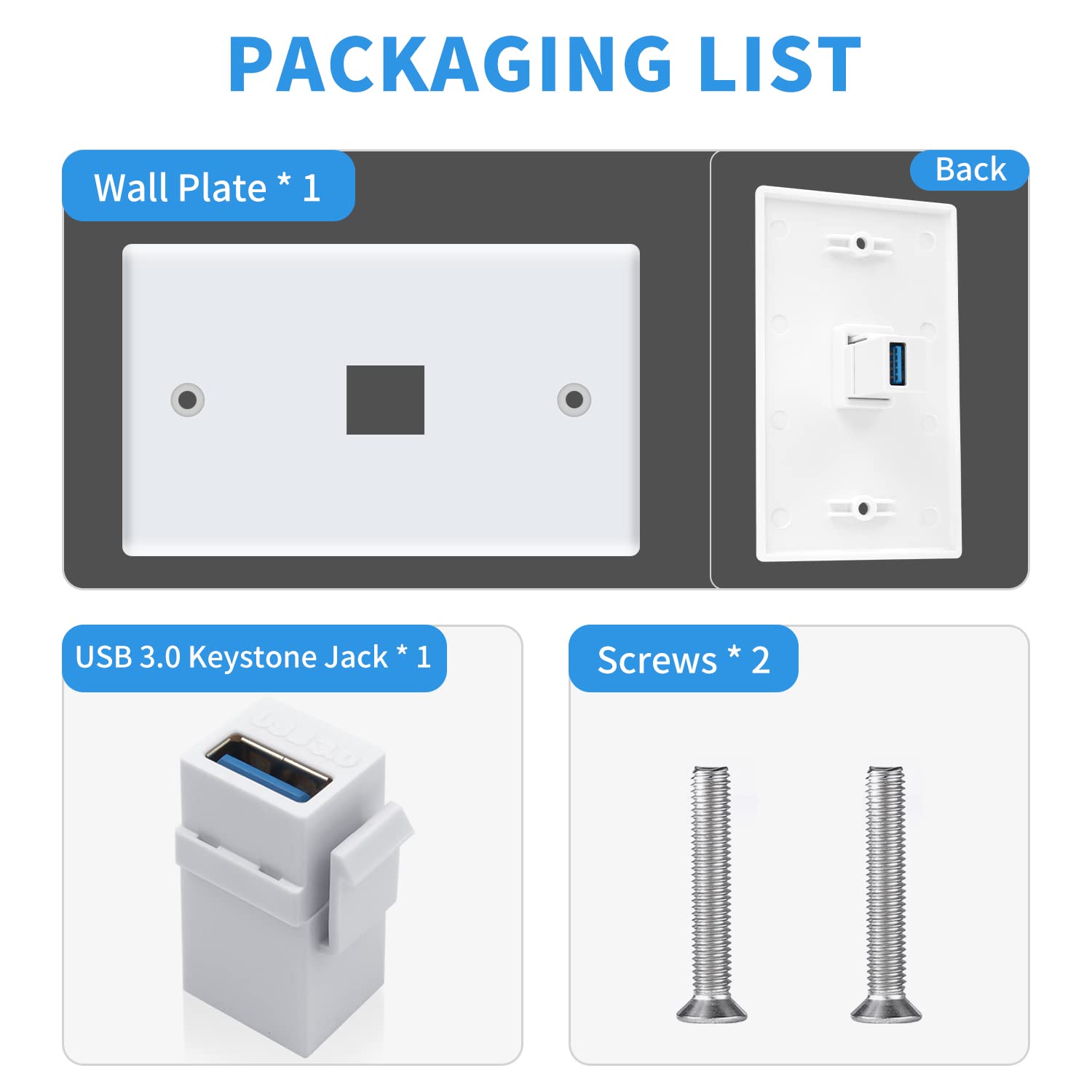 Poyiccot Usb 3.0 Wall Plate, 1Port Usb 3.0 Keystone Jack Outlet Wall Plate For Mount Socket Face Plate Panel Cover, Usb 3.0 Fema