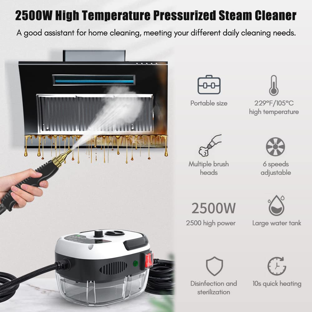 2500W Portable Handheld Steam Cleaner, High Temperature Pressurized Steam Cleaning Machine With Brush Heads For Kitchen Furnitur