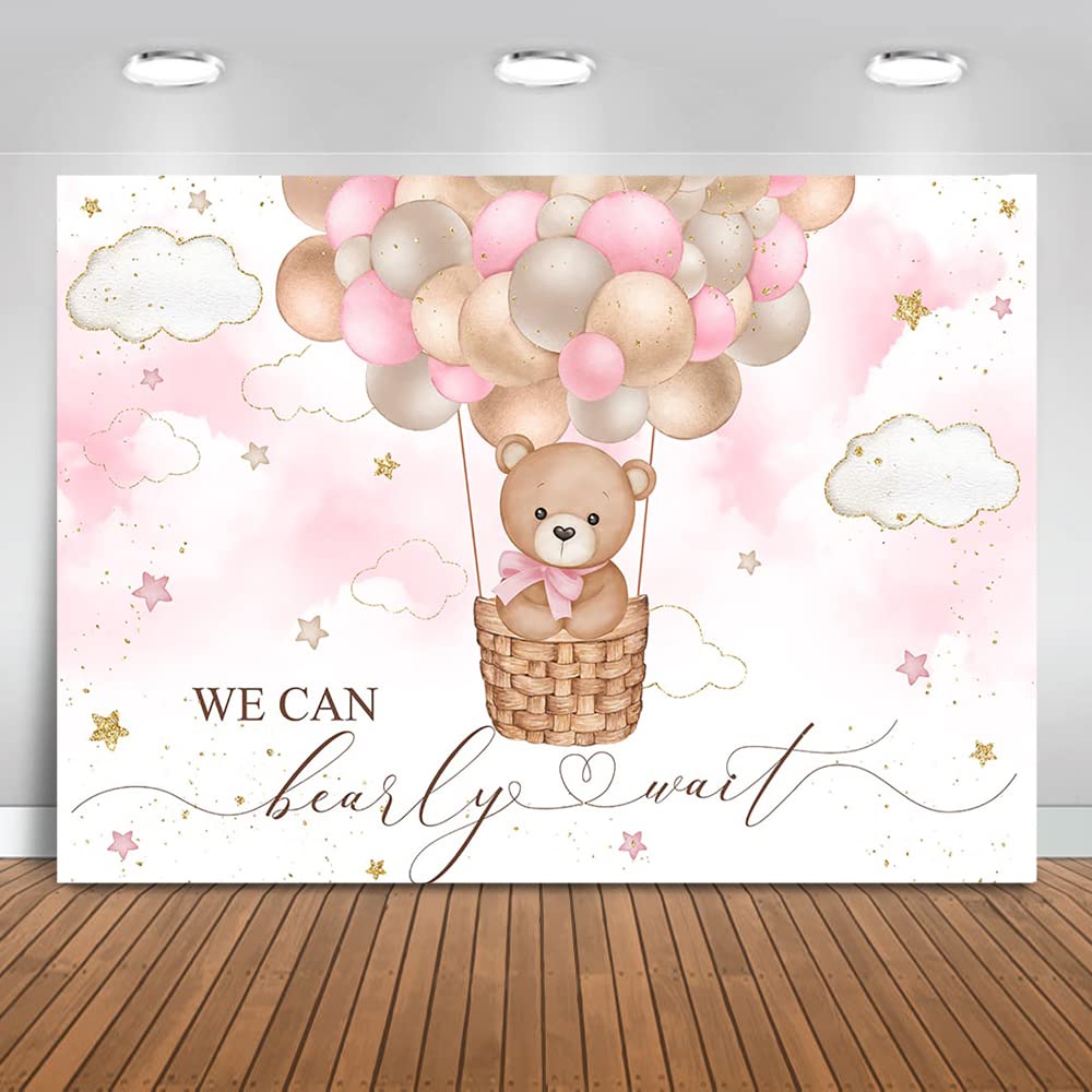 Mocsicka Pink Bear Hot Air Balloon Backdrop Girl Bear Balloons Baby Shower Background We Can Bearly Wait Baby Shower Party Cake