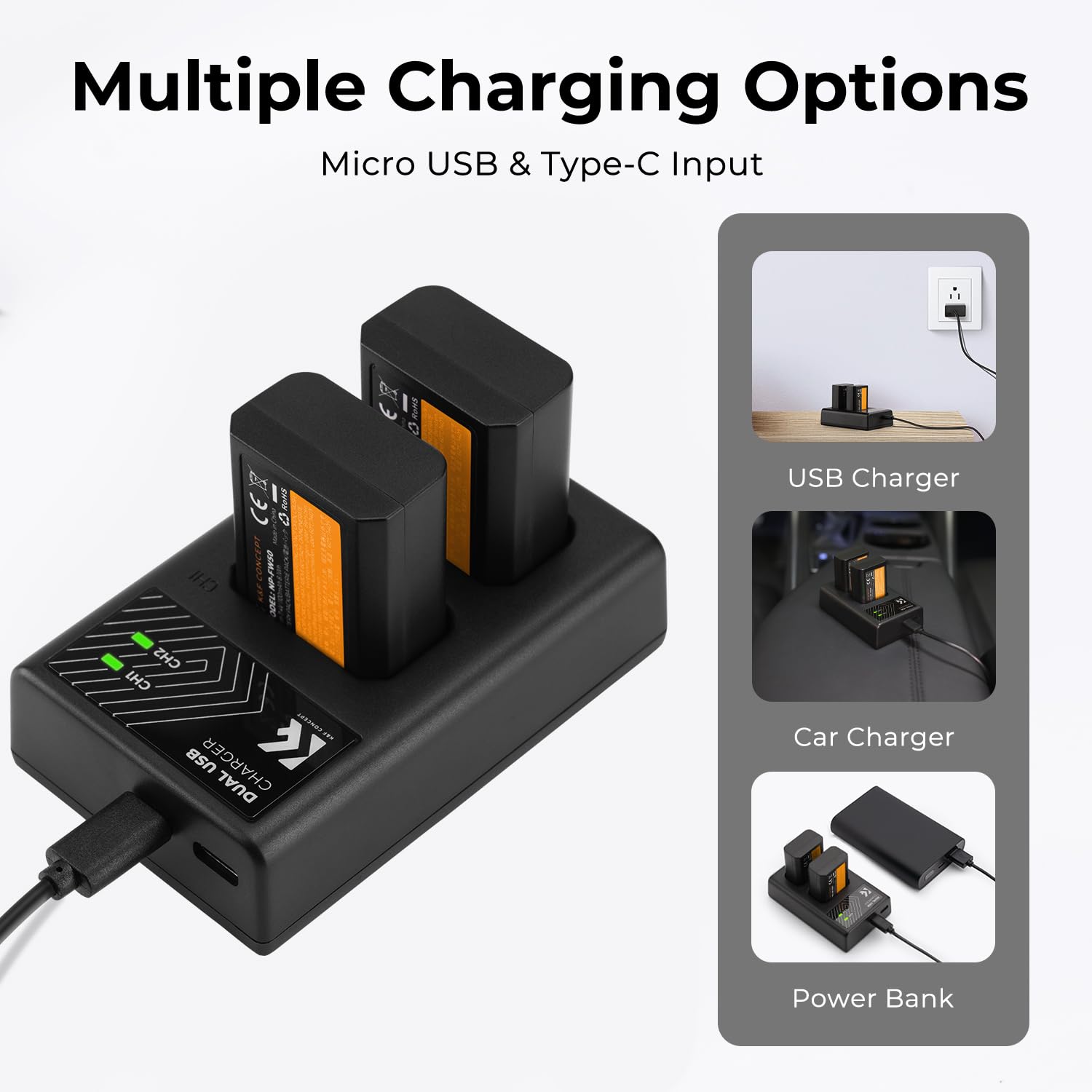 K&F Concept Np Fw50 Battery Charger Set With Dual Slot Charger For Sony Zv E10, A7, A7Ii, A7Rii, A7Sii, A7S, A7S2, A7R, A7R2, A5