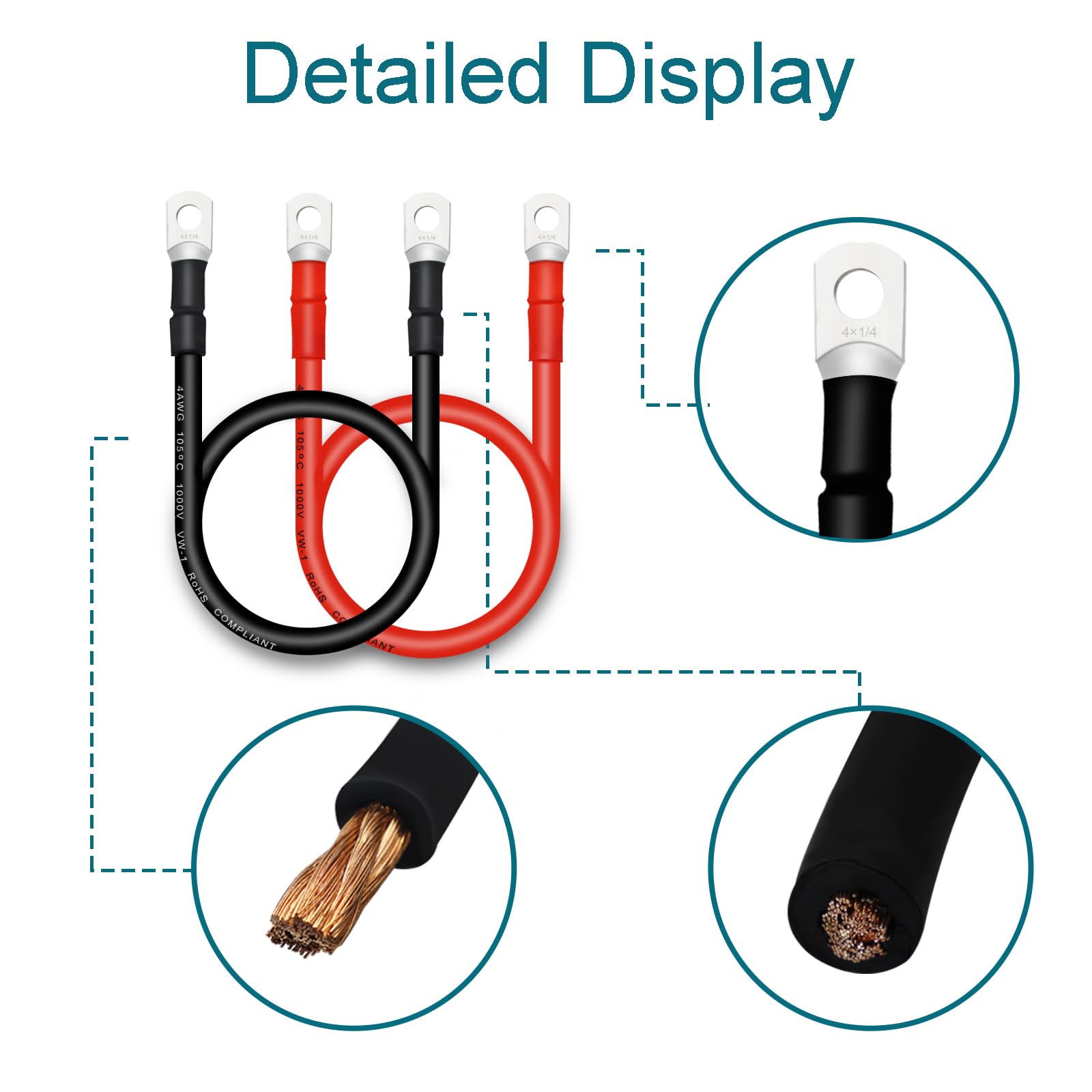 Qiatol Battery Cable, 4 Awg Battery Cables With Terminals, 2Pcs Copper Battery Cables.