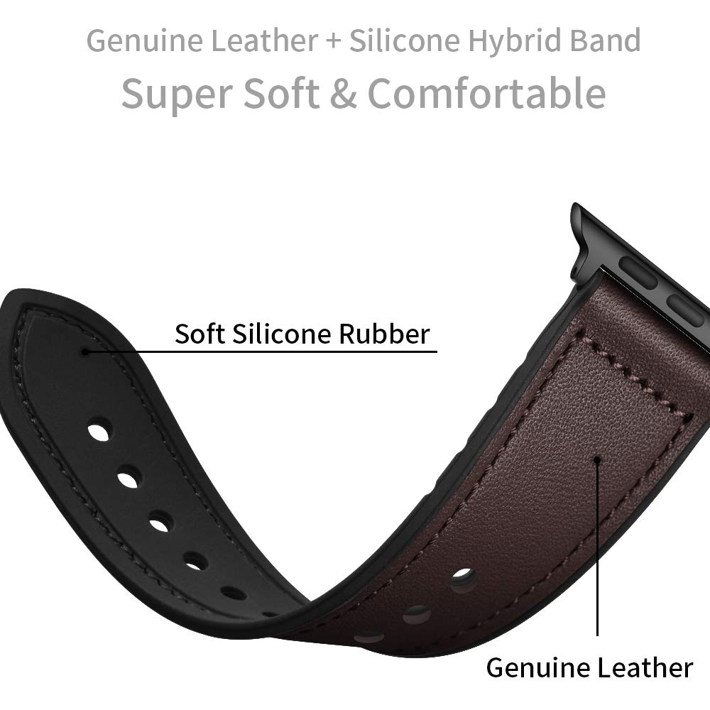Ouheng Compatible With Apple Watch Band 49Mm 45Mm 44Mm 42Mm, Sweatproof Genuine Leather And Rubber Hybrid Band For Iwatch Ultra
