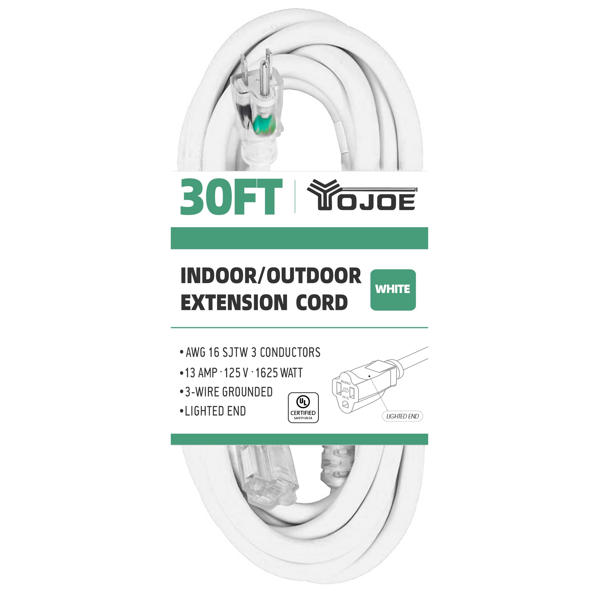 Yojoe Indoor Outdoor Extension Cord With Lighted End, 3 Prong 13A Weatherproof Power Extension Cord, 16 Gauge Heavy Duty 30 Ft W