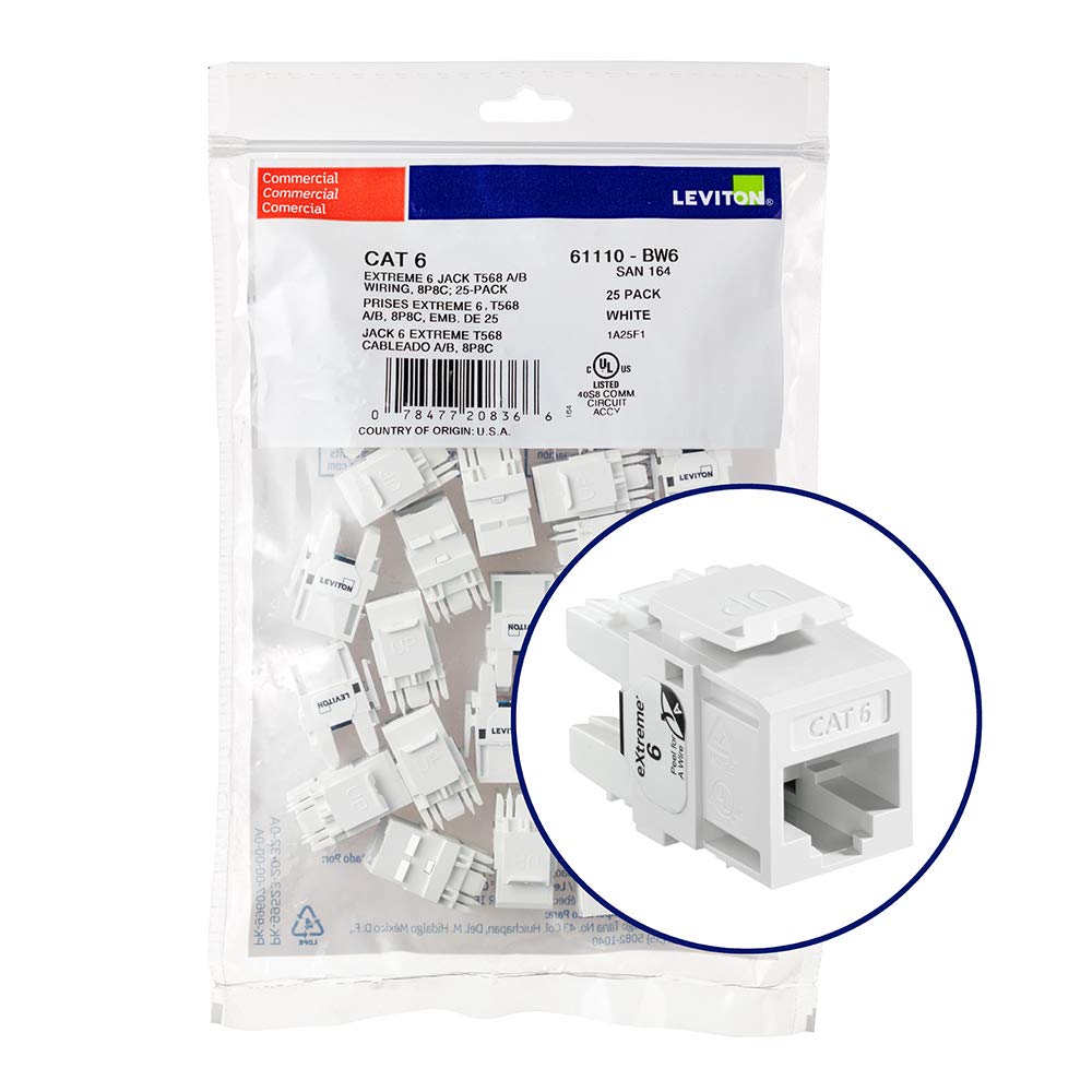 Leviton 61110 BW6 Extreme 6+ QuickPort Connector, CAT 6, White, 25 Pack