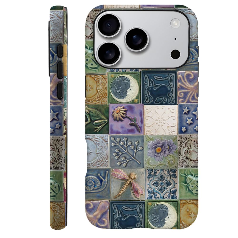 Compatible with iPhone 17 Pro,Durable & Shockproof Phone Case Cover Design - Tiles Pattern Moon Dragonfly Flower