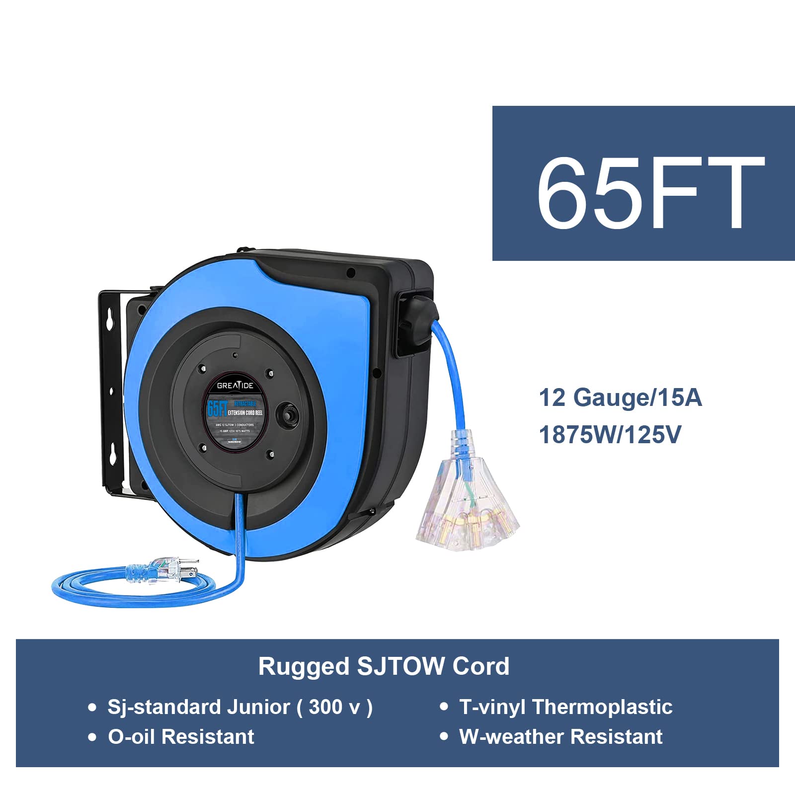 Greatide Retractable Extension Cord Reel, 65 Feet 12 Awg/3C Sjtow Heavy Duty Power Cord,15 Amp Circuit Breaker, 3 Lighted Triple