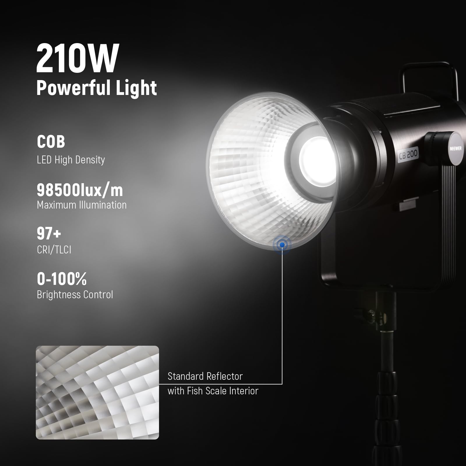 Neewer Cb200 210W Led Video Light With 2.4G/App Control, 5600K Daylight Cob Continuous Output Lighting For Photography With 9850