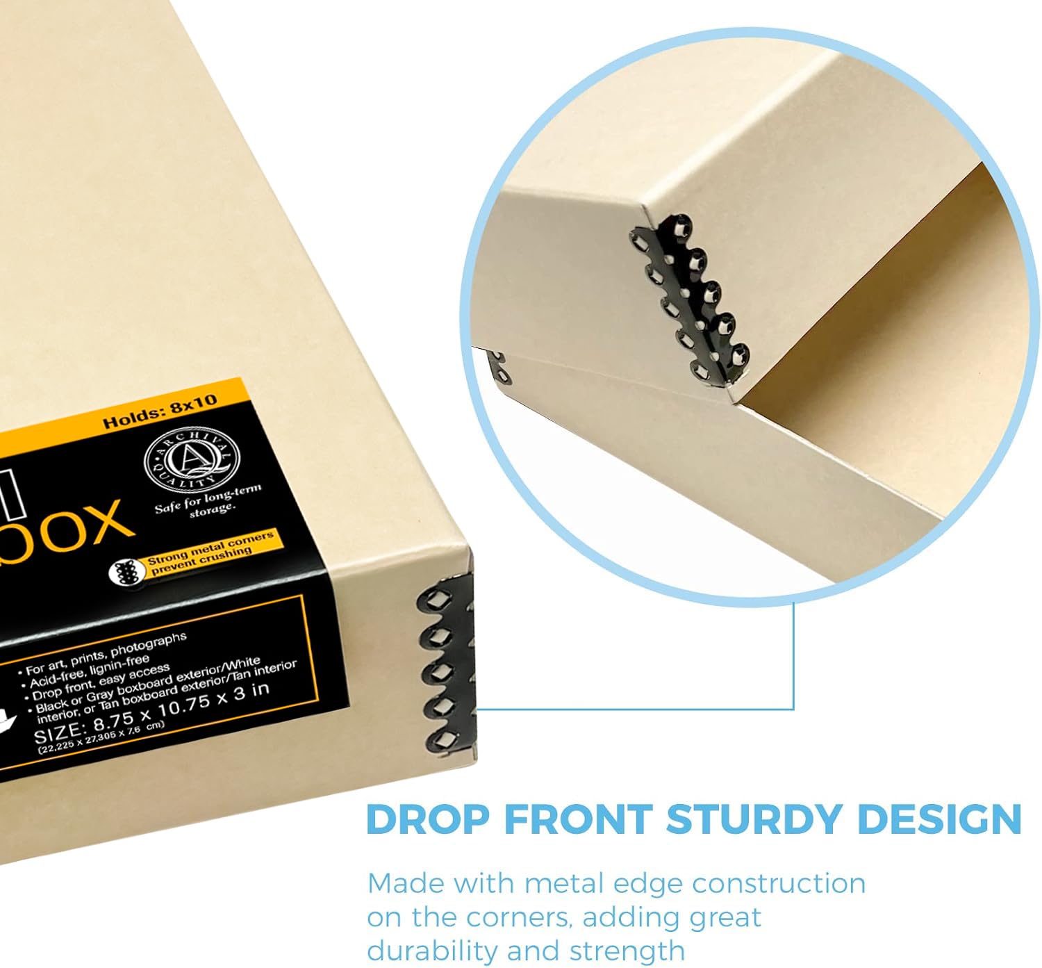 Lineco Museum Archival Storage Box, 8.75X10.75X3 In. Drop Front Design. Acid Free With Metal Edge. Organize Photos, Pictures, Prints, Documents, Crafts, Diy. Tan, 2 Pack