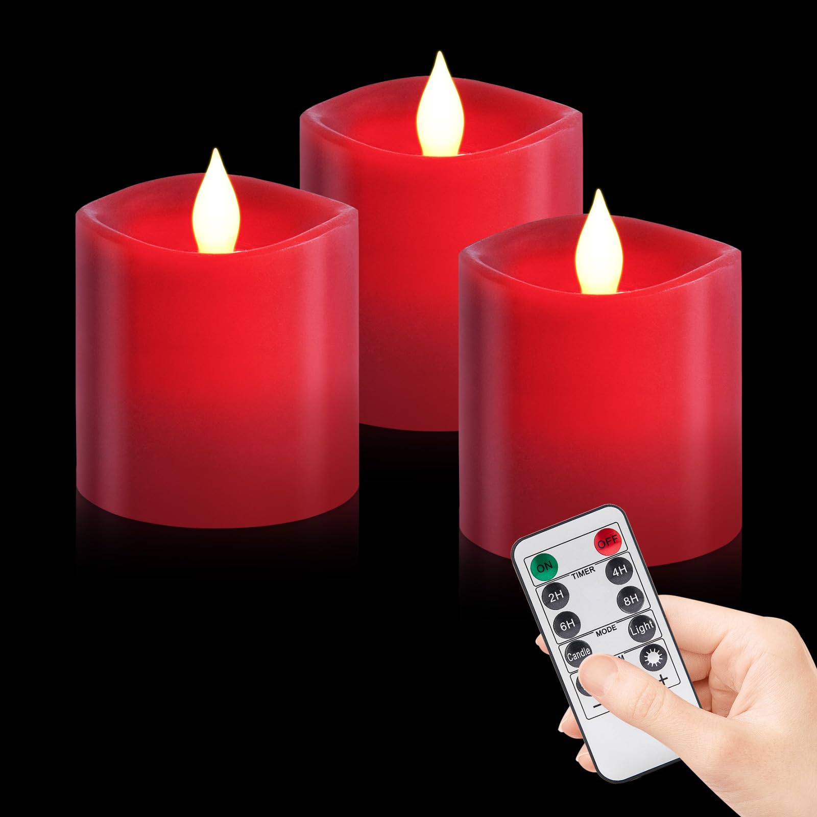Woocodowe 3 x 3 Red Flameless Candles - LED Pillar with Remote, Timer, Flickering, 600+ Hour Battery Life, Ideal for Christmas, 