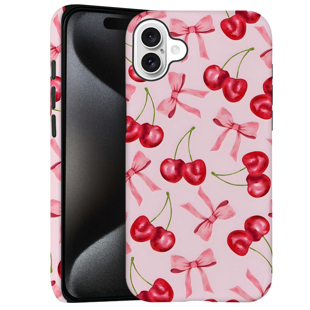 Generic Case for iPhone 16 Plus - [Drop Protection Phone Cover] - Hybrid Case for Girl Women - Cherry Ribbon Bow Fruit Pink