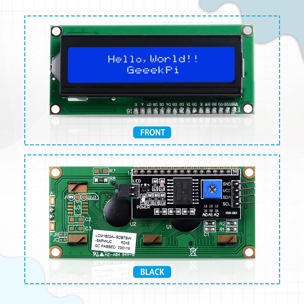 Geeekpi 2 Pack I2C 1602 Lcd Display Module 16X2 Character Serial Blue Backlight Lcd Module For Raspberry Pi Arduino Stm32 Diy Ma