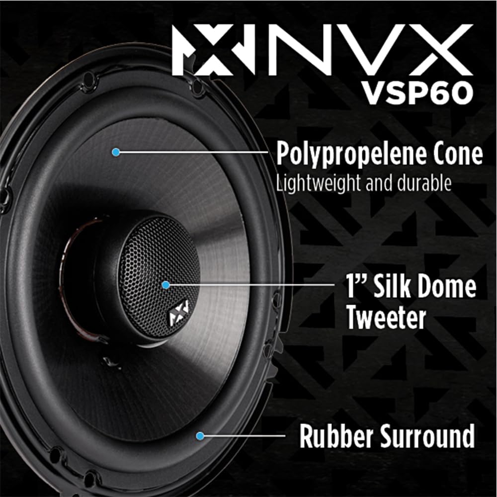Nvx Vsp60 6'' Premium Car Speakers, 600W Max, 200W Rms, 2 Way 6 Inch Coaxial W/ 1'' Silk Dome Tweeters & Built In X Overs, Easy