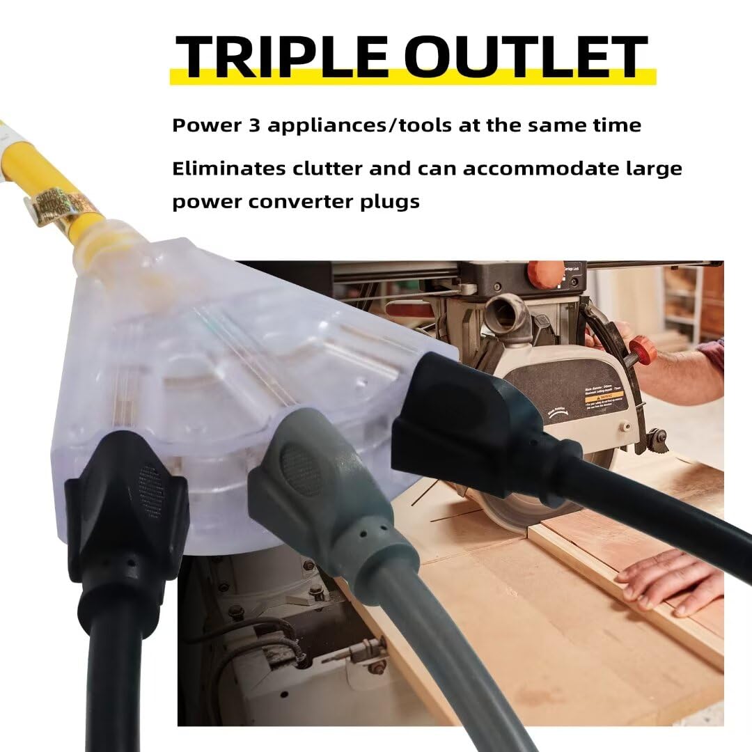Greatide 50 Ft Lighted Outdoor Extension Cord With 3 Electrical Power Outlets   12/3 Sjtw Heavy Duty Yellow Extension Cable With