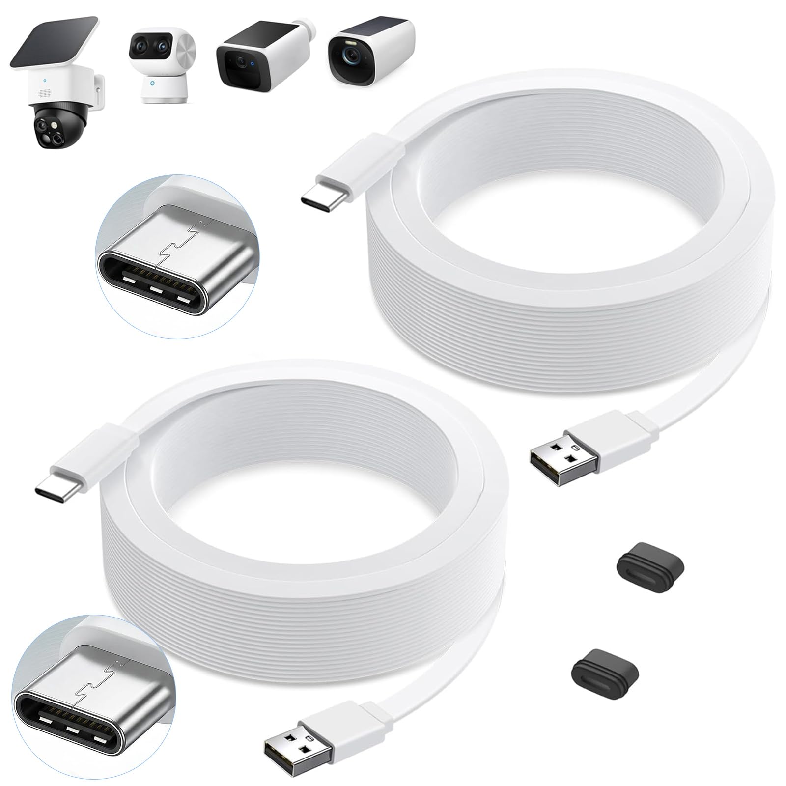 2Pack Power Cable for eufy SoloCam S220/S340, C210, USB TypeC Extension Cable for eufyCam 3/S330, 3C/S300, Weatherproof Flat Ch
