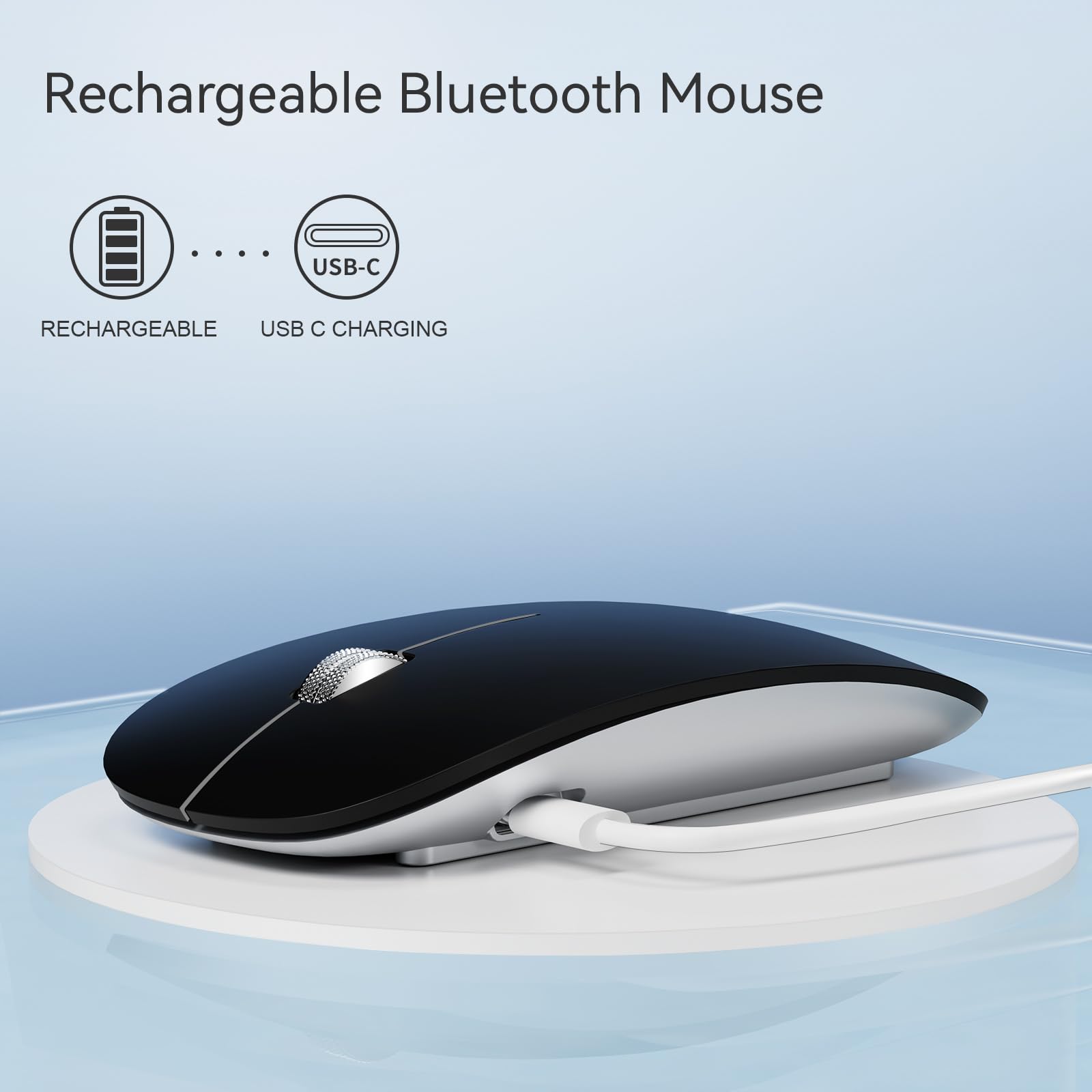 Tenmos M18 Bluetooth Mouse, Usb C Rechargeable Wireless Mouse, Triple Mode (Dual Bluetooth+Usb) Computer Silent Mice Portable With Usb Receiver Type C Adapter For Laptop/Macbook/Ipad/Pc   Matte Black