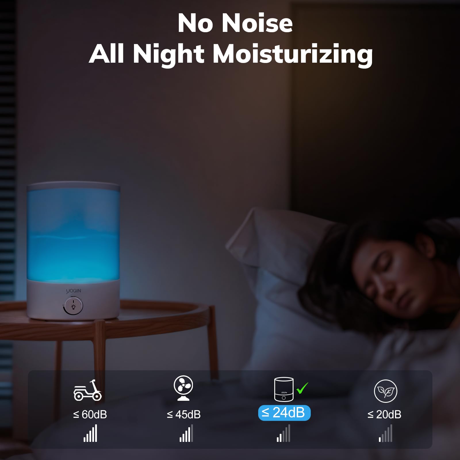 YOGIN Ultrasonic Cool Mist Humidifier 2.5L for Bedroom & Nursery, Quiet 24dB, Auto Shut Off, Premium Knob with Light, Easy Clean