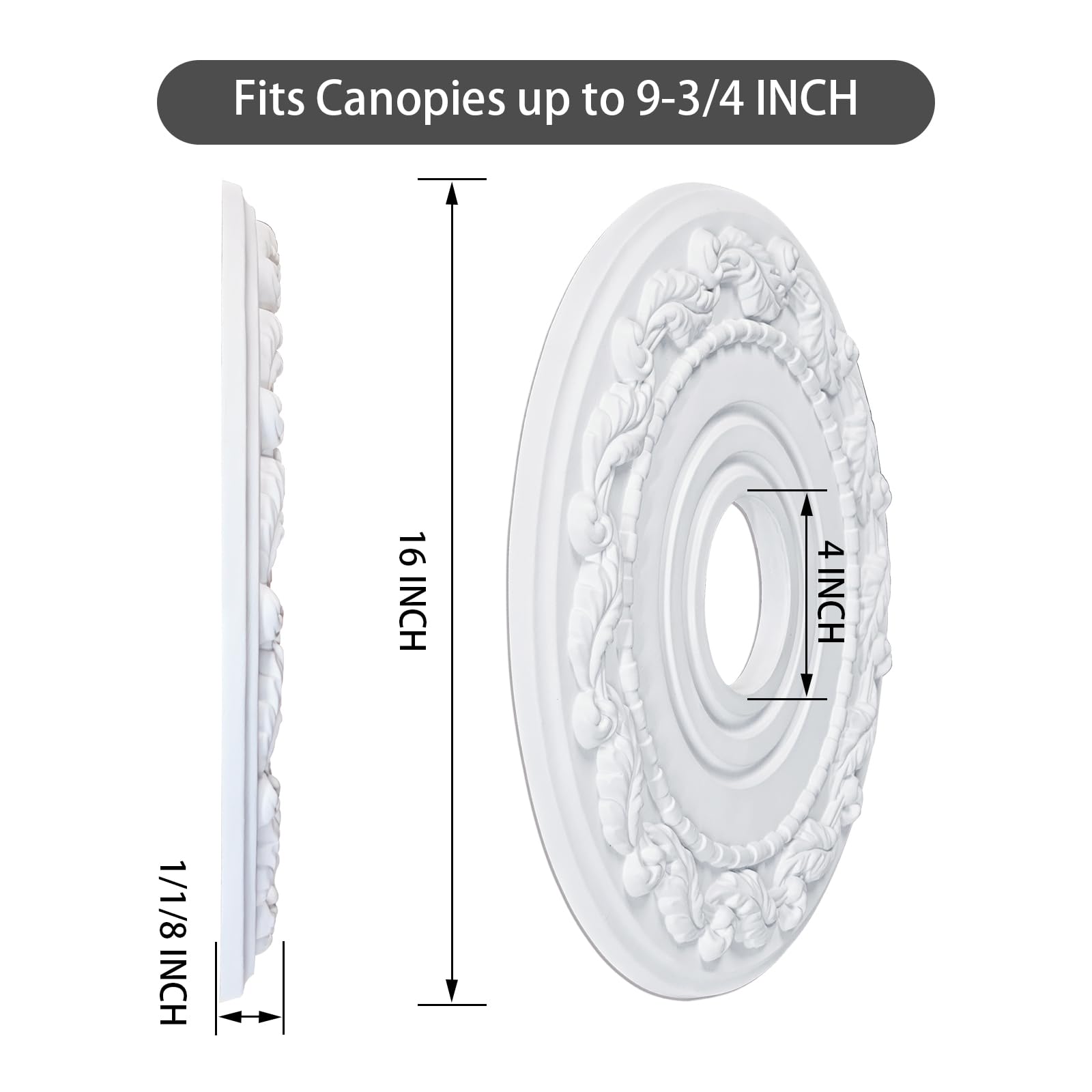 Eifhyt Molded Pu Ceiling Medallion For Light Fixtures And Ceiling Fans, 16''Od X 4''Id X 1 1/8''P (Fits Canopies Up To 9 3/4'')