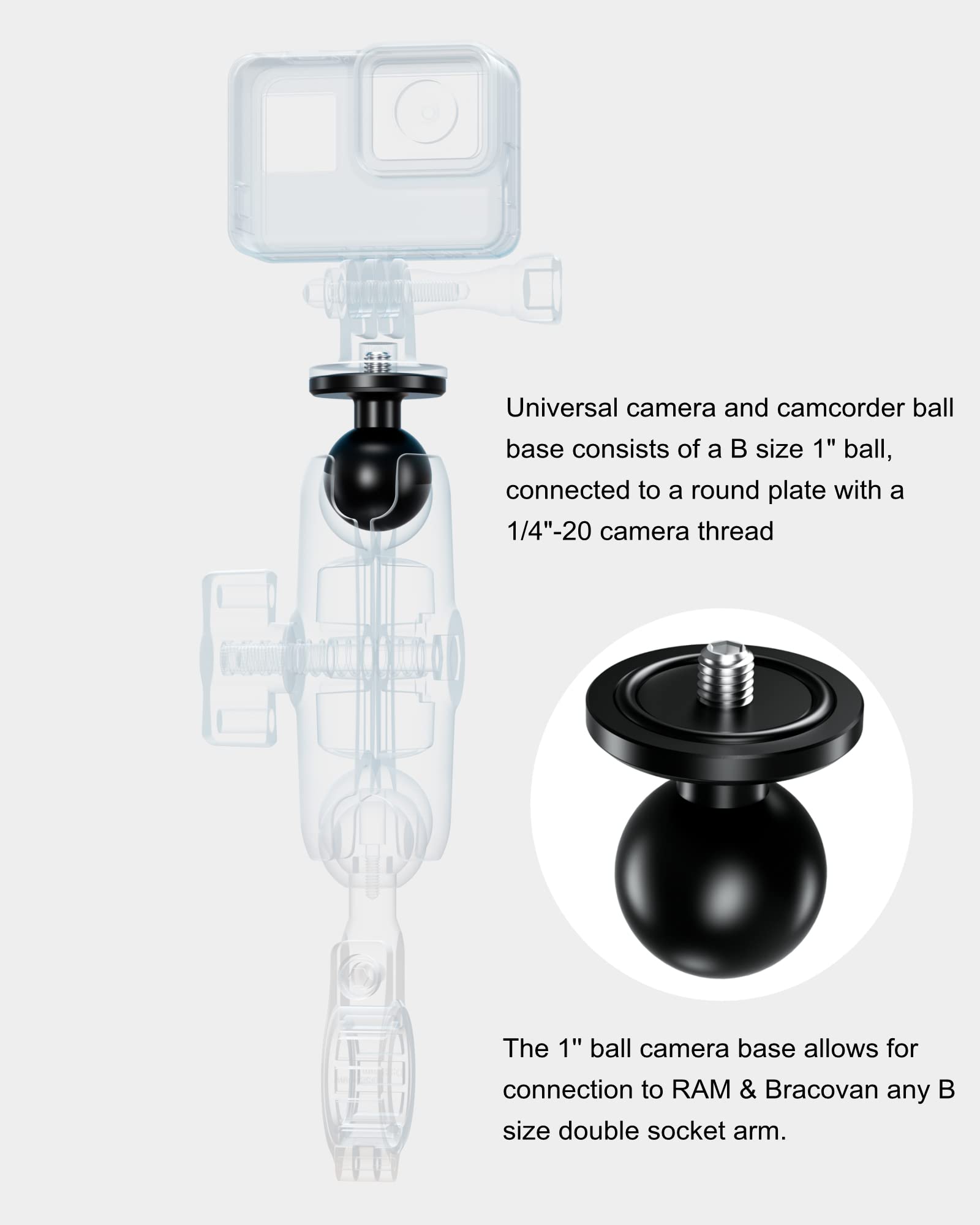 Brcovan Aluminum Alloy 1'' Ball Adapter With 1/4' 20 Threaded Stud For Action Camera & Camcorder Compatible With Ram Mounts B Size Double Socket Arm