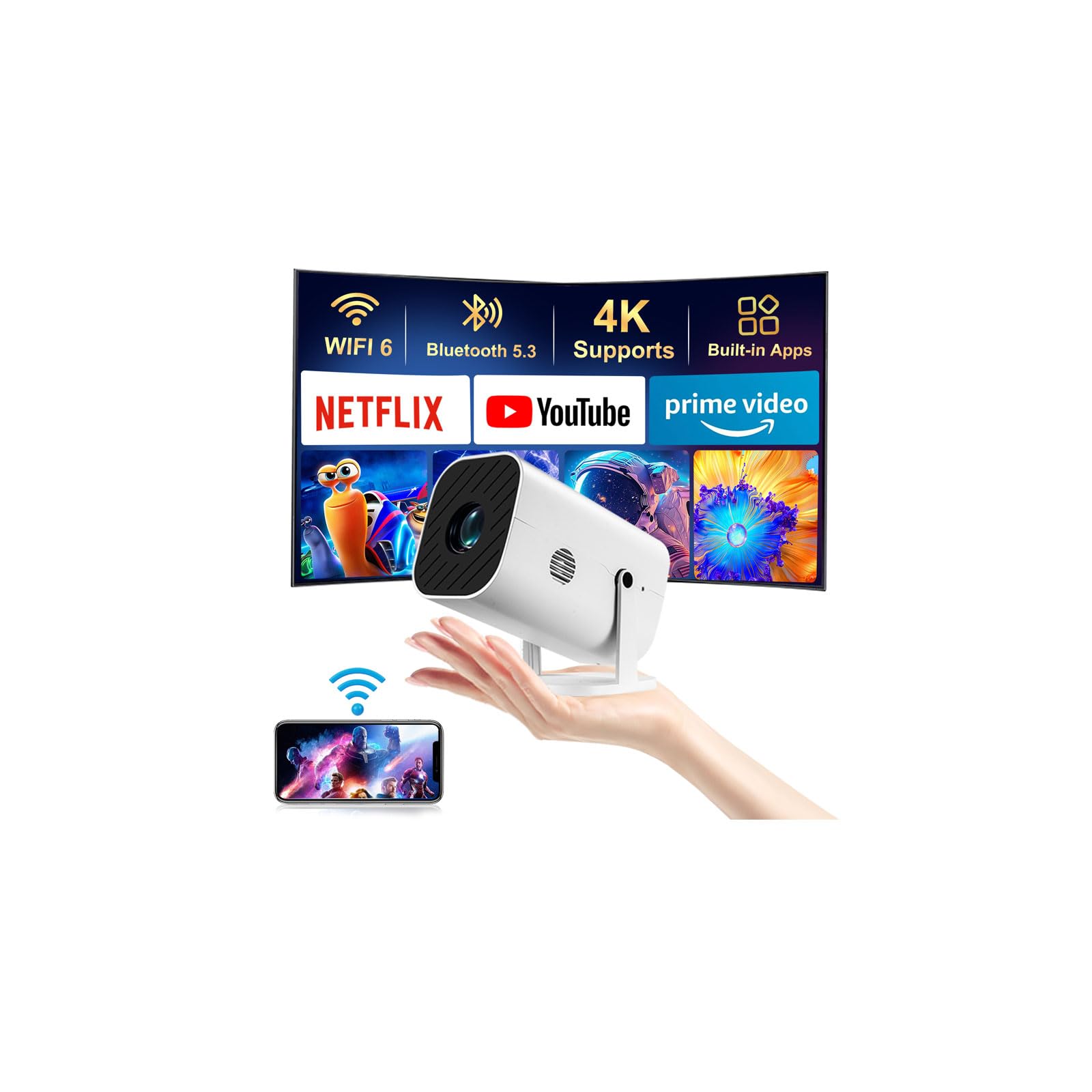 ?Built-in APPS & Electric Focusing & 210 Rotation?Mini Projector With Wifi And Bluetooth, 1080P Portable Projector, Movie Projec