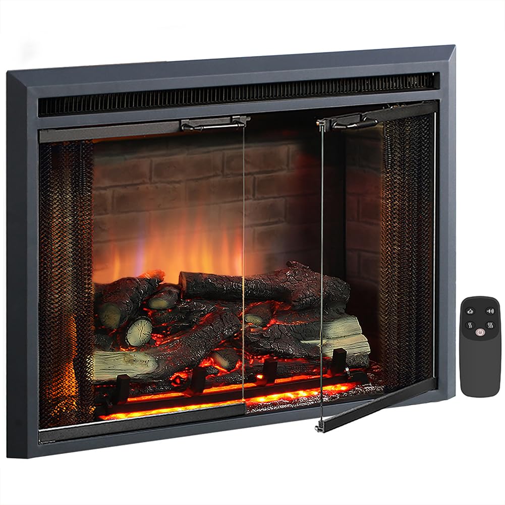 Puraflame Klaus Electric Fireplace Insert With Fire Crackling Sound, Glass Door And Mesh Screen, 750/1500W, Black, 29 15/16 Inch