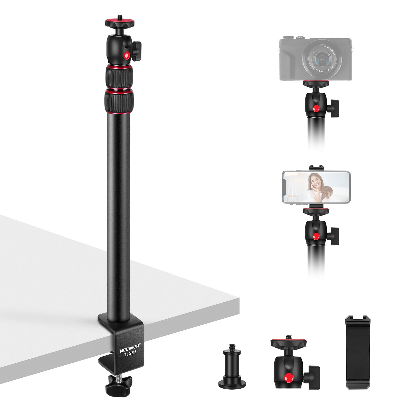 NEEWER Camera Desk Mount with Phone Holder & 360 Ball Head, 17-40/43-102cm Telescopic C Clamp Table Light Stand 1/4Screw, Deskto