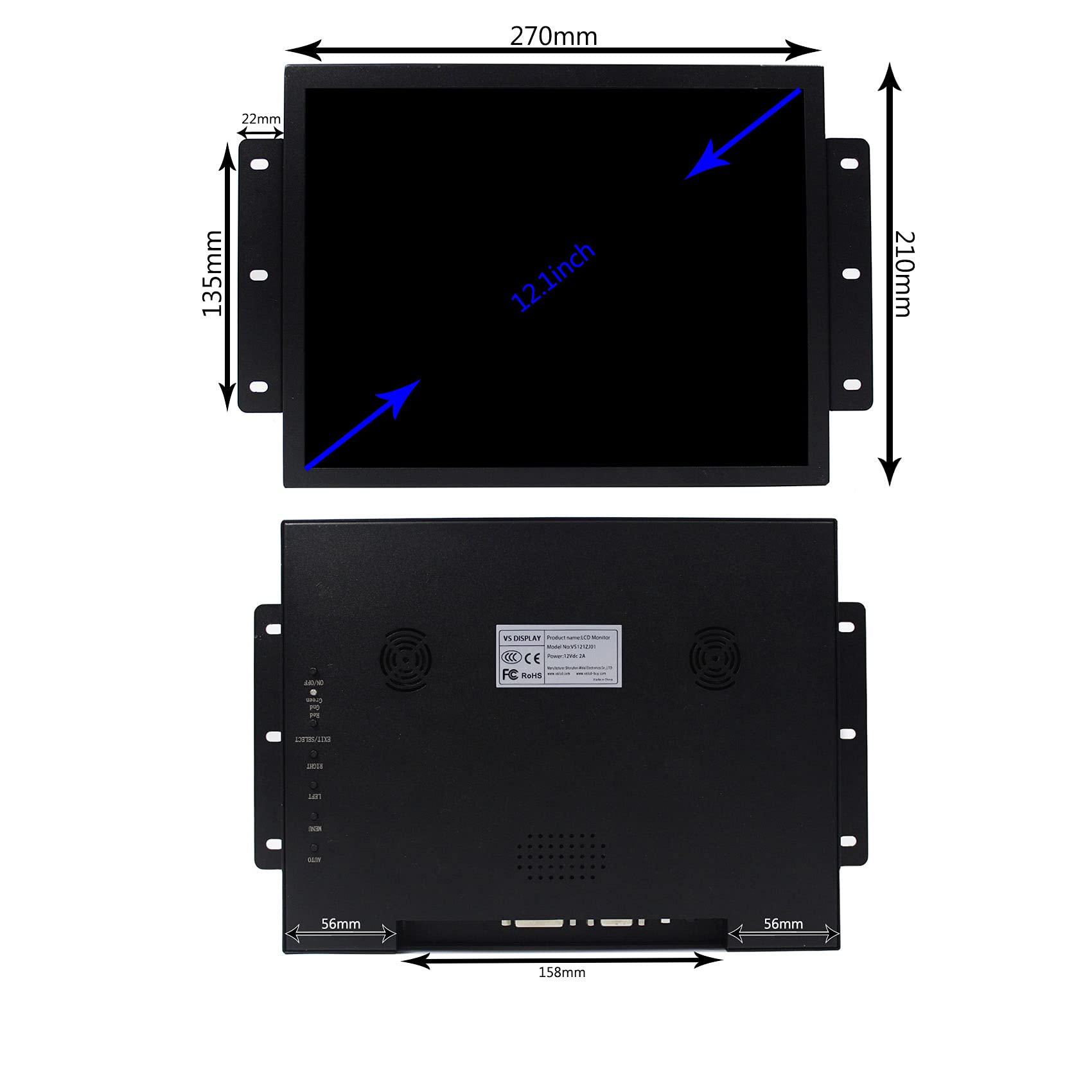 Vsdisplay 12.1' 12.1 Inch 800X600 700Nit Tft Industrial Monitor Vs121Zj01 With Hd Mi Dvi Vga Port, Built In Dual Speakers,Metal Shell With Bracket