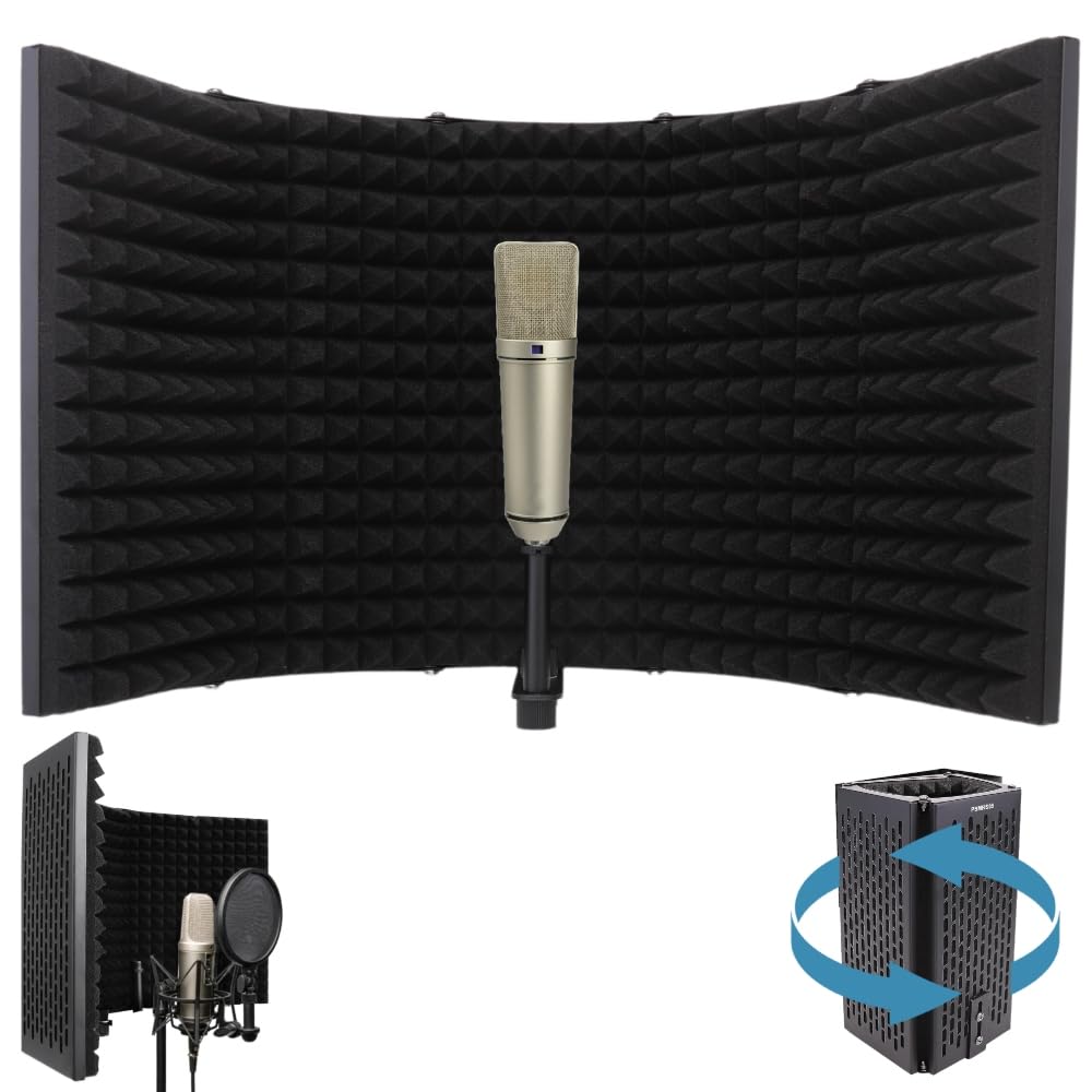 Pyle Studio Microphone Sound Isolation   Enhance Vocals & Singing With 5 Folding Acoustic Panels, Adjustable Depth & Removable S