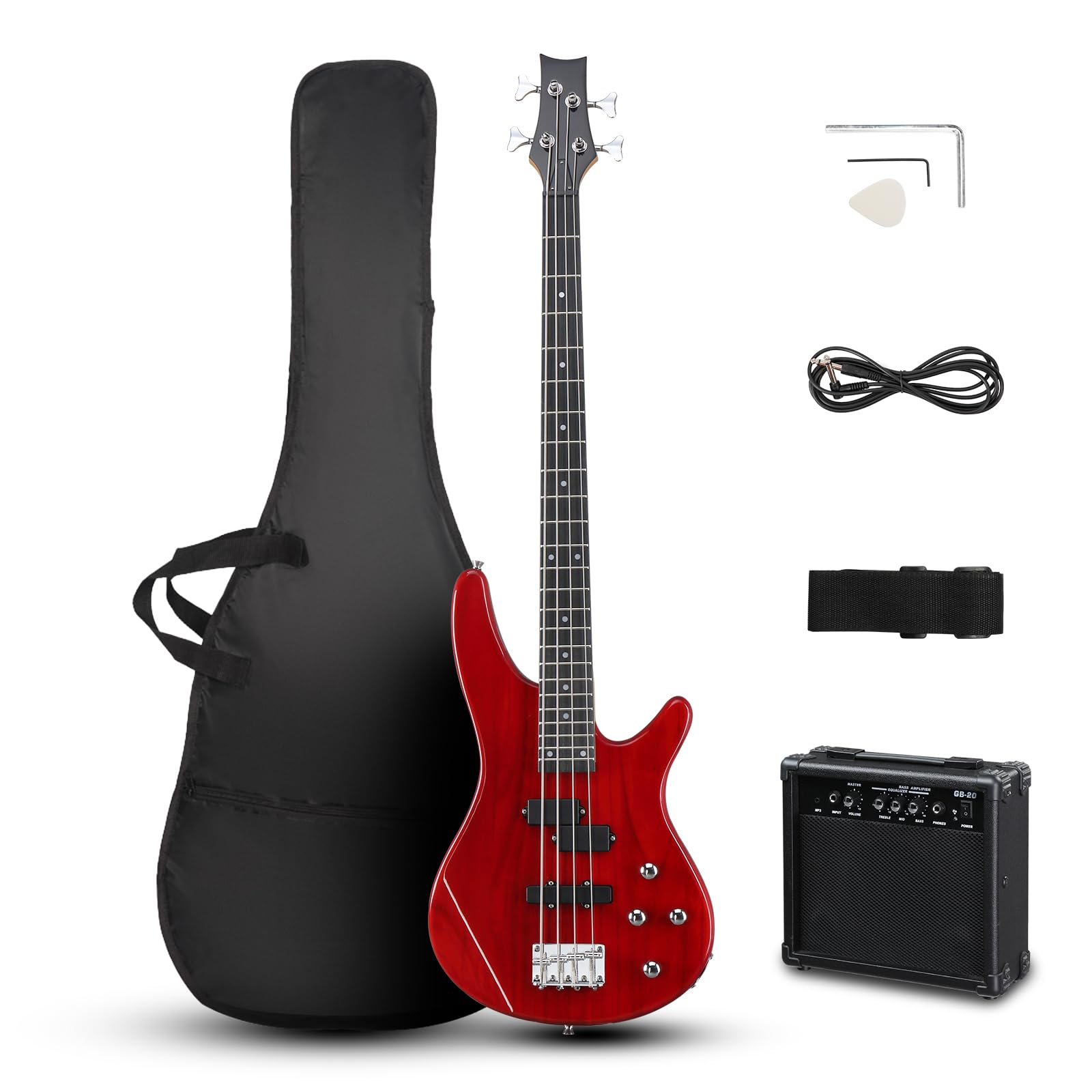 Ktaxon Electric Bass Guitar 4 String Bass Guitar With 20 Watt Amplifier, Pj Type Pickup, Naturally Air Dried Maple Neck, Rosewoo
