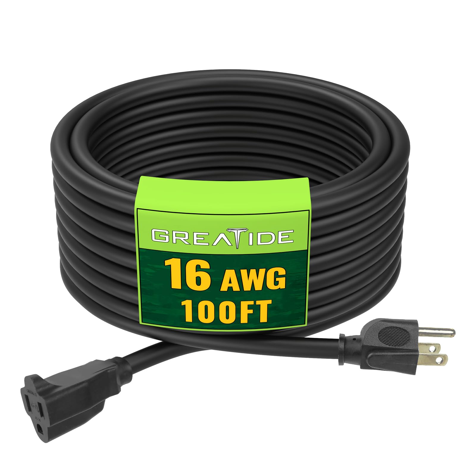 Greatide Indoor Outdoor Extension Cord 100 Ft, 16/3 Sjtw Weatherproof Black Electrical Cords, 13 Amp Heavy Duty 3 Prong Power Ca