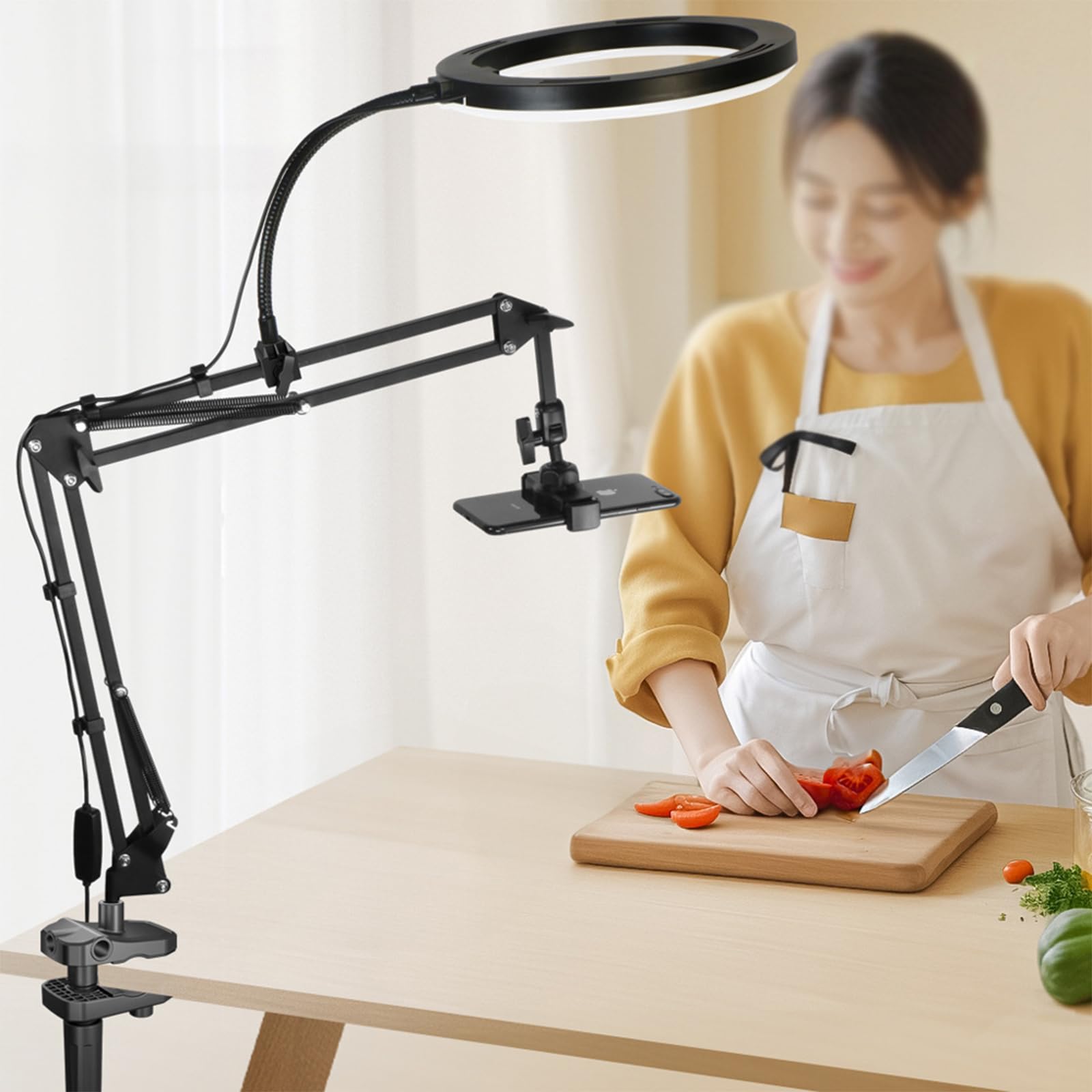 Overhead Camera Mount and Phone Holder with 10 Ring Light Canvas Lamp Adjustable Desk Tripod Stand Compatible with Logitech W