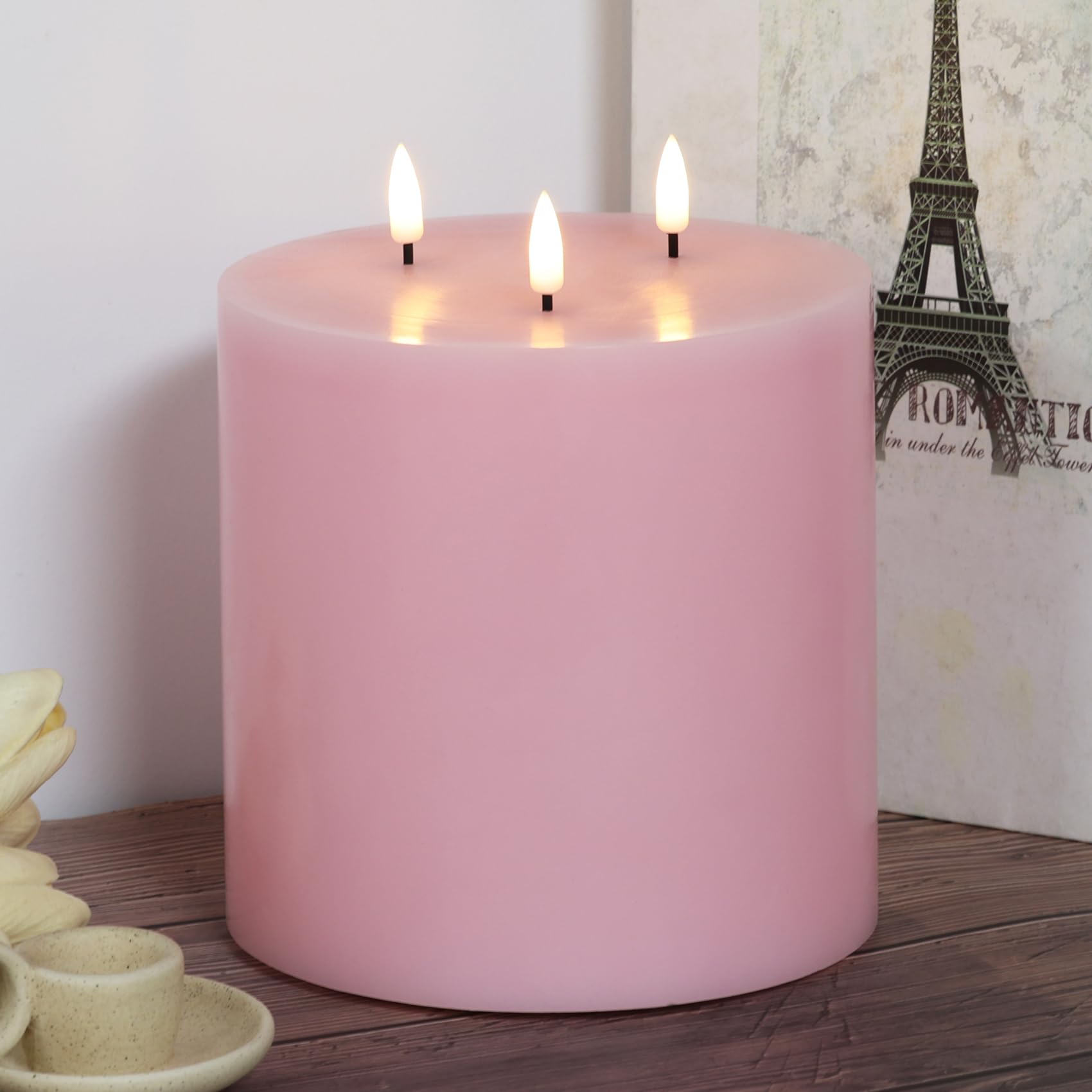 Eywamage 3 Wick Pink Flameless Pillar Candle With Remote, Large Flickering Led Wax Battery Candle F 6'' H 6''