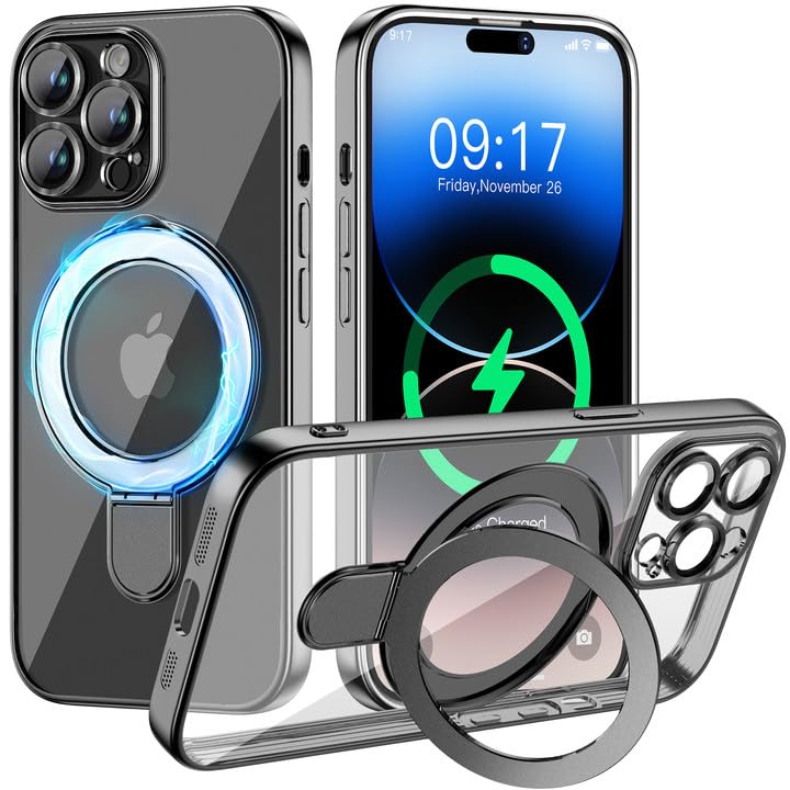 Pmteyoim Magnetic For Iphone 14 Pro Max Case With Invisible Stand[Compatible With Magsafe][Full Camera Lens Protector][Military