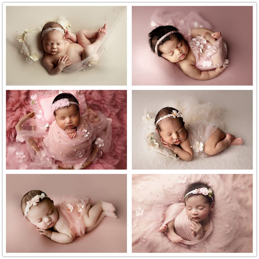 Coberllus Newborn Photography Props Boys Girls Wrap Blanket Baby Photo Shoot Floral Pearl Decorative Mesh Rug Layer Basket Fille