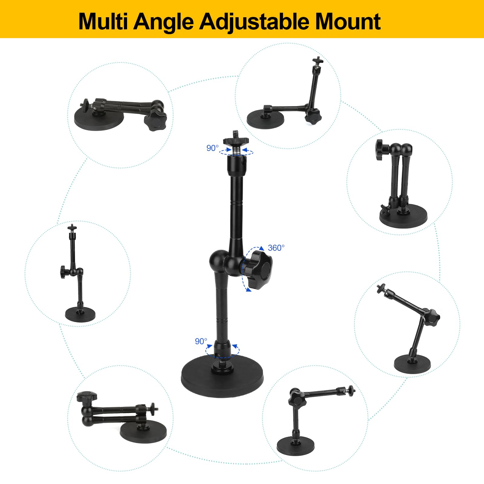 Mippko Magnetic Camera Mount For Gopro Hero/Insta 360 / Dji Osmo/Akaso Action Camera,3.46 Inch Diam Magnetic Rubber Coating Base,10 Inch Length Adjustable Aluminum Alloy Arm