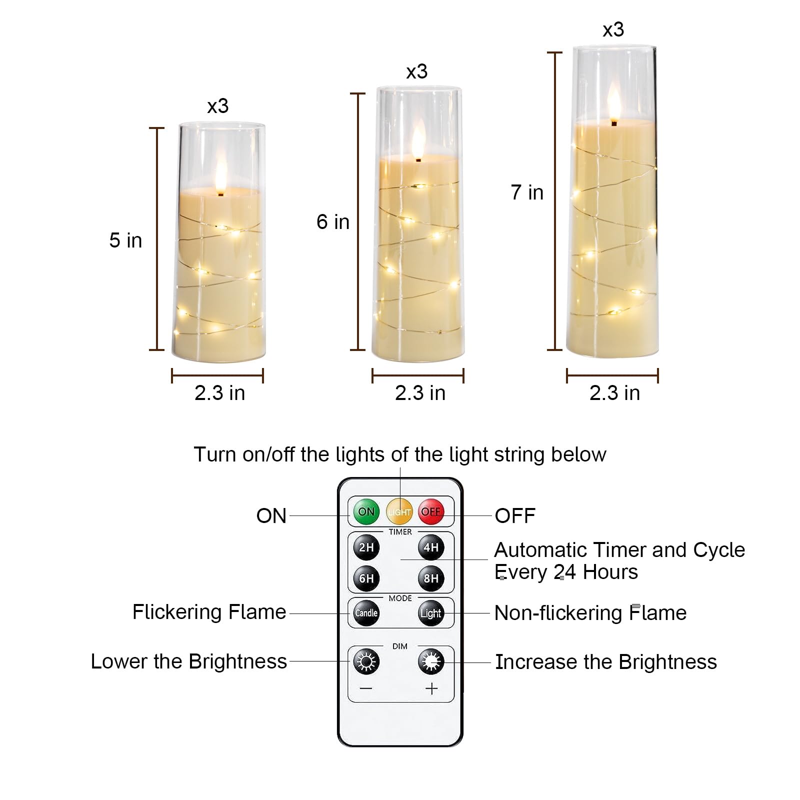 Raycare Flameless Led Candles With Embedded Star String, 9 Pcs Battery Operated Acrylic Pillar Candles With Timer And Remote, Fl
