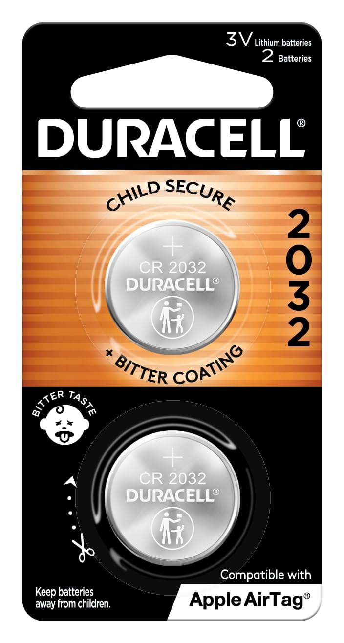 Duracell 2032 Lithium Battery. 2 Count Pack. Child Safety Features. Compatible With Apple Airtag, Key Fob, And Other Devices. Cr