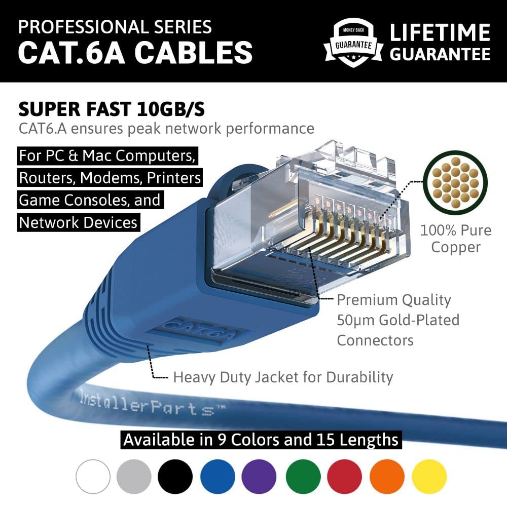 Installerparts Ethernet Cable Cat6A Cable Utp Booted 7 Ft   Blue   Professional Series   10Gigabit/Sec Network/High Speed Intern
