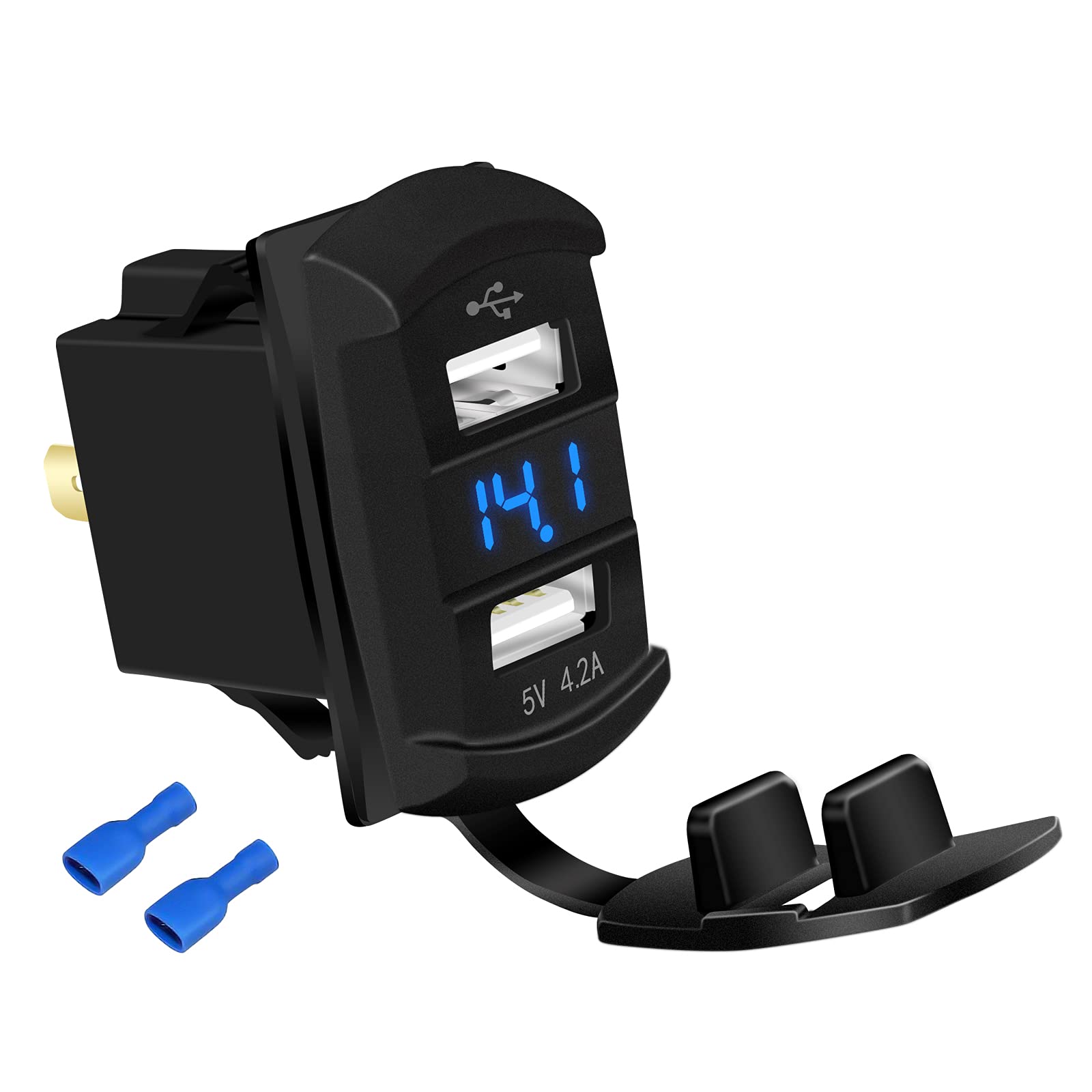 DaierTek Marine USB Rocker Switch 12V Dual Charger Ports 4.2A Waterproof Outlet Socket with Blue Led Digital Voltmeter for Rocke