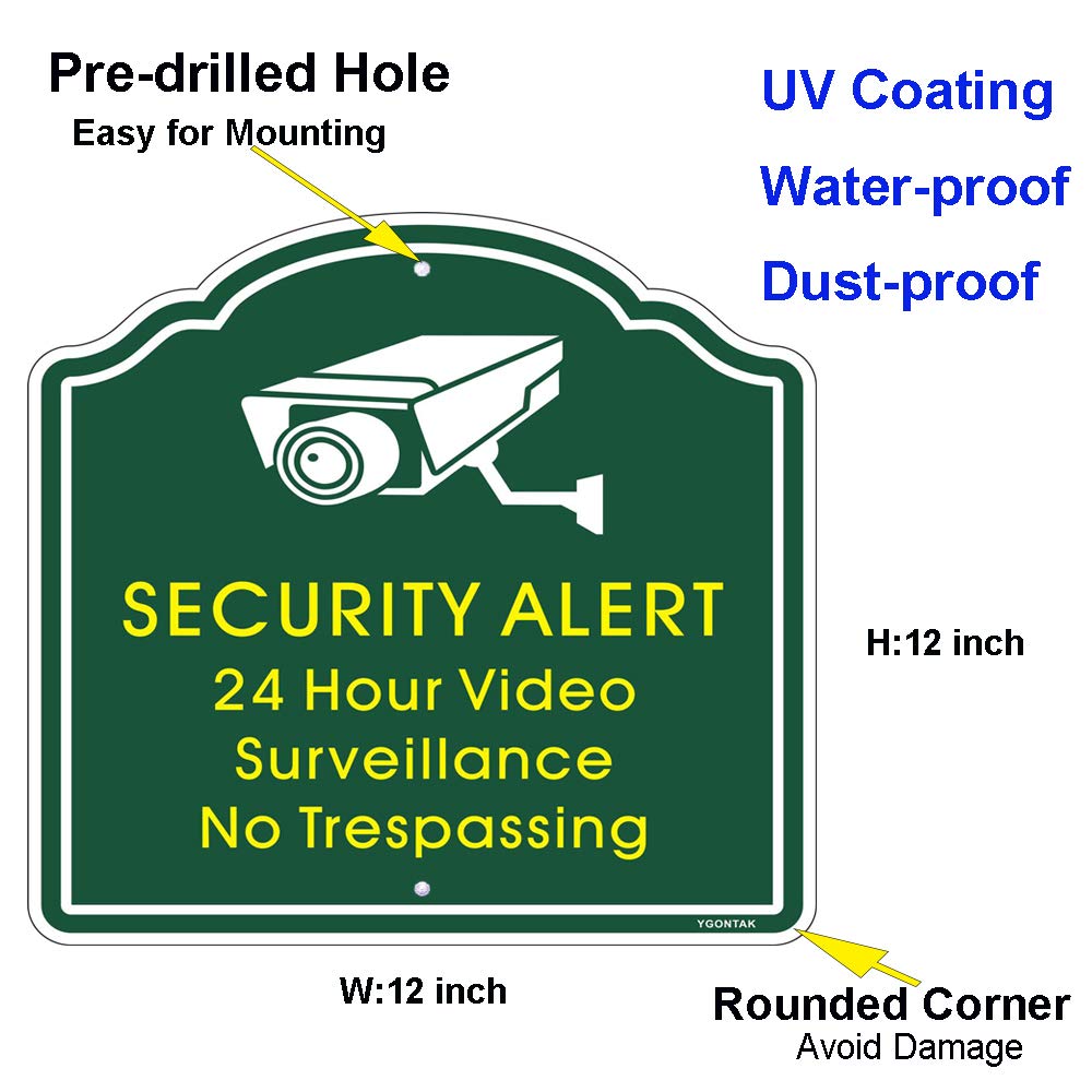 2Pcs 24 Hour Video Surveillance Waring Reflective Sign No Trespassing Sign Security Alert 12X12 Inch Aluminum Alloy Cctv Securit