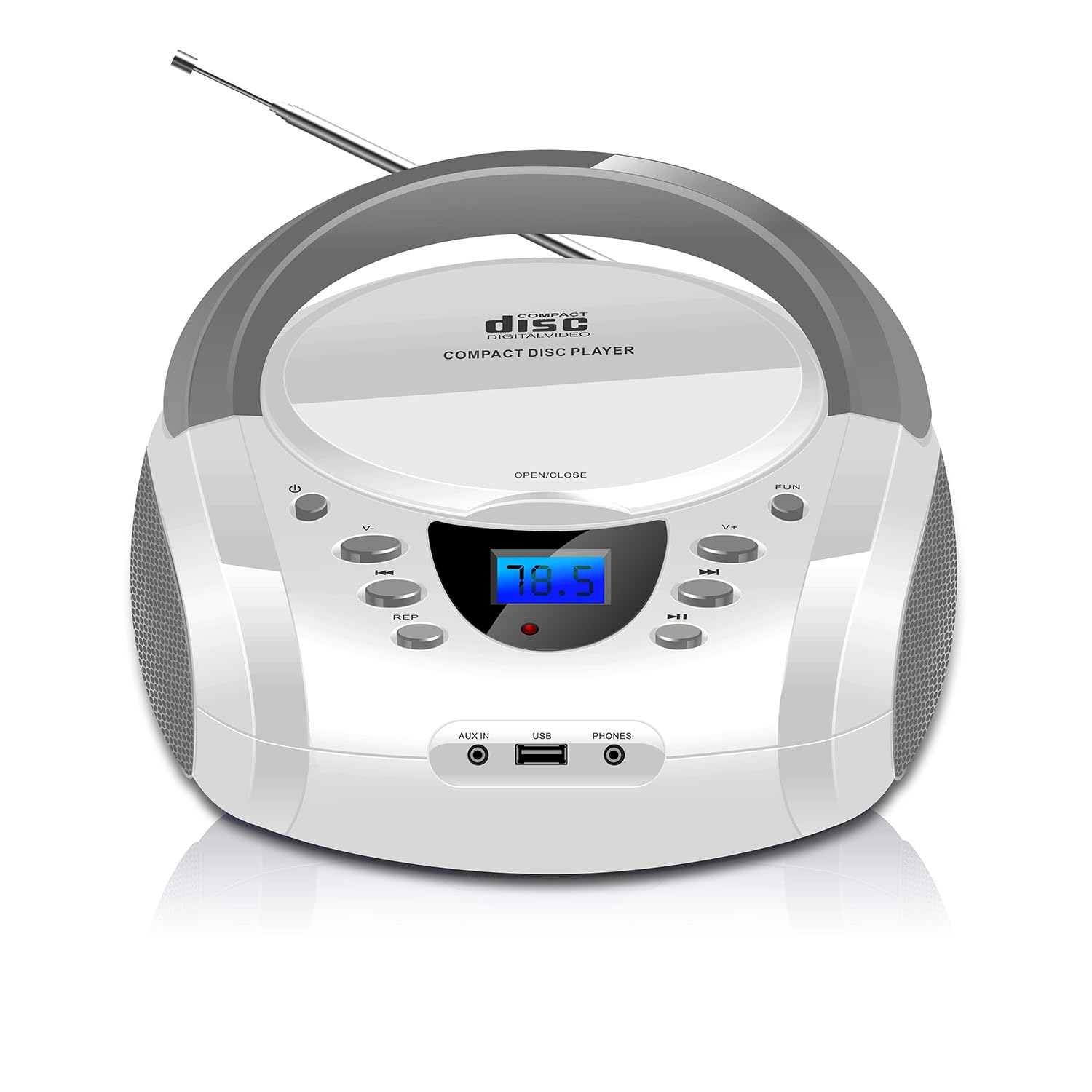 Lonpoo Cd Player Portable Boombox With Fm Radio/Usb/Bluetooth/Aux Input And Earphone Jack Output, Stereo Sound Speaker & Audio Player,White