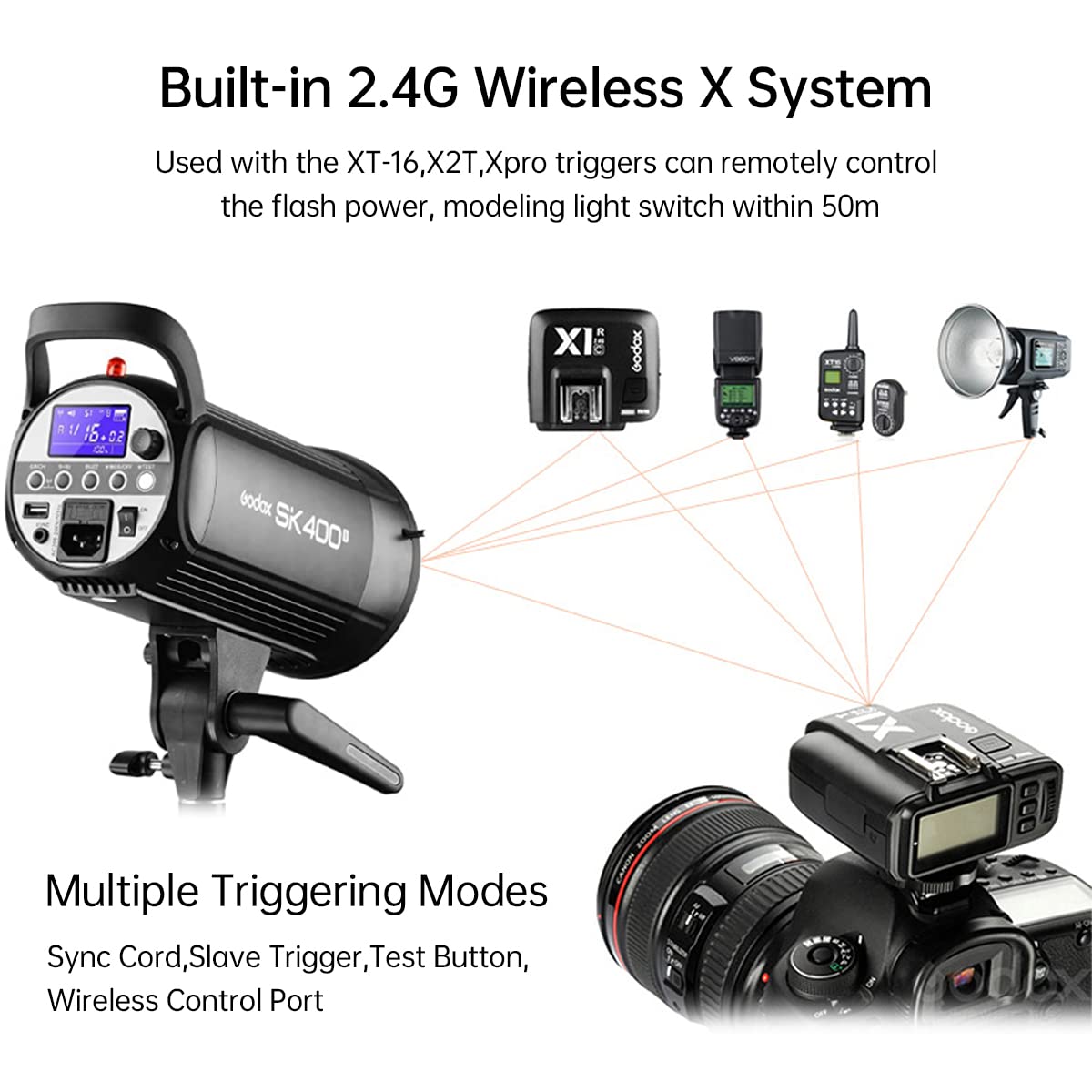 Godox 800Ws 2Packs Sk400Ii 2.4G Studio Strobe Flash Light Kit,Gn65 5600K Monolight Bowens Mount Flash For Studio Photography Wit