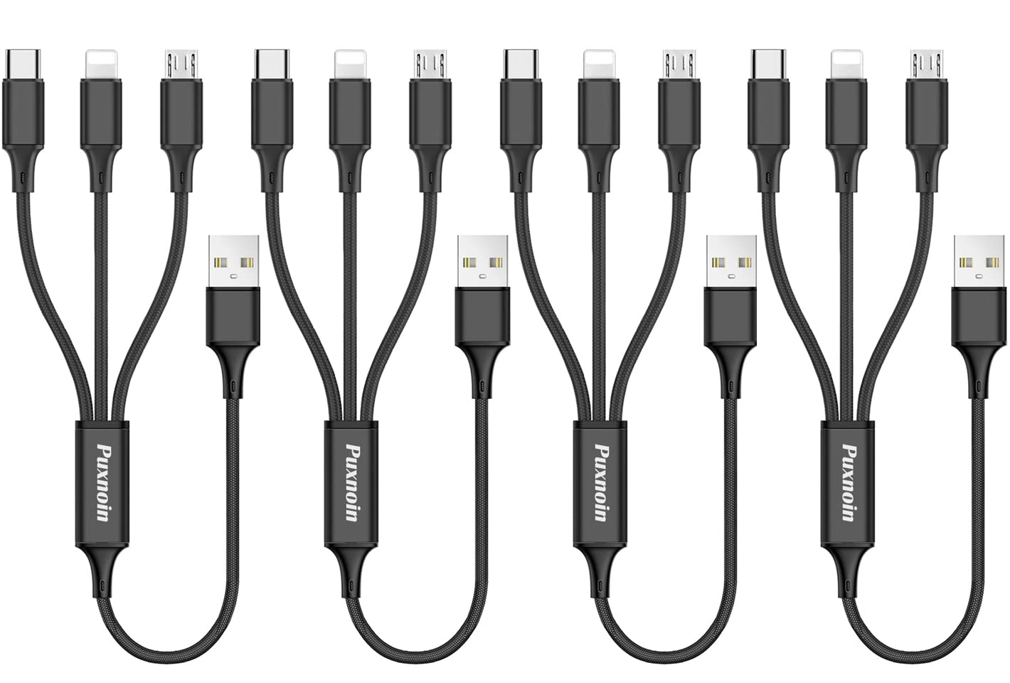 Puxnoin Multi Charging Cable, 4Pack Multi Charger Cable Short 1Ft Braided Universal 3 In 1 Multiple Usb Cable Charging Cord With