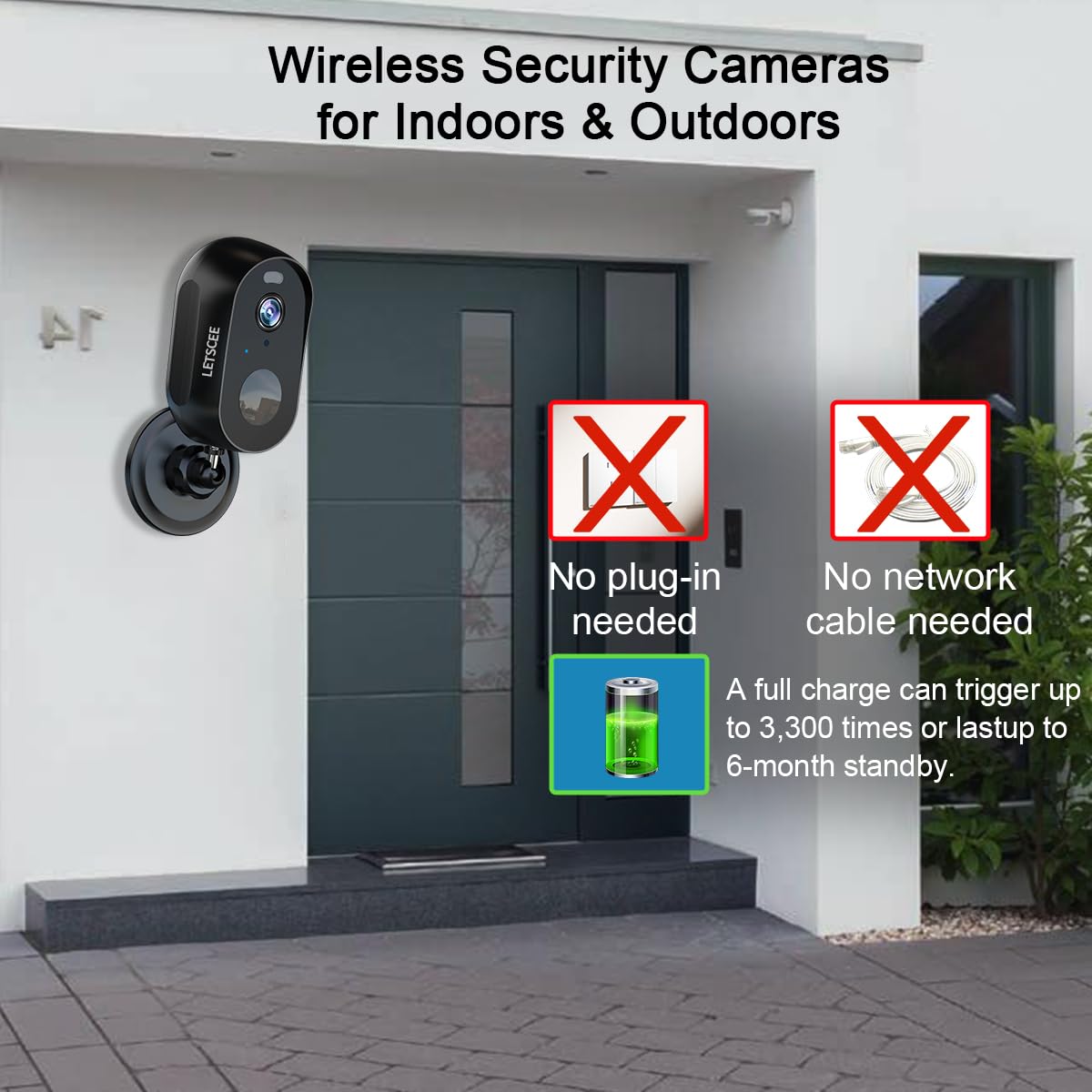 Letscee Cameras For Home Security Outdoor Indoor,Security Cameras Wireless Outdoor Battery Rechargeable Wifi,2K Night Vision, Mo